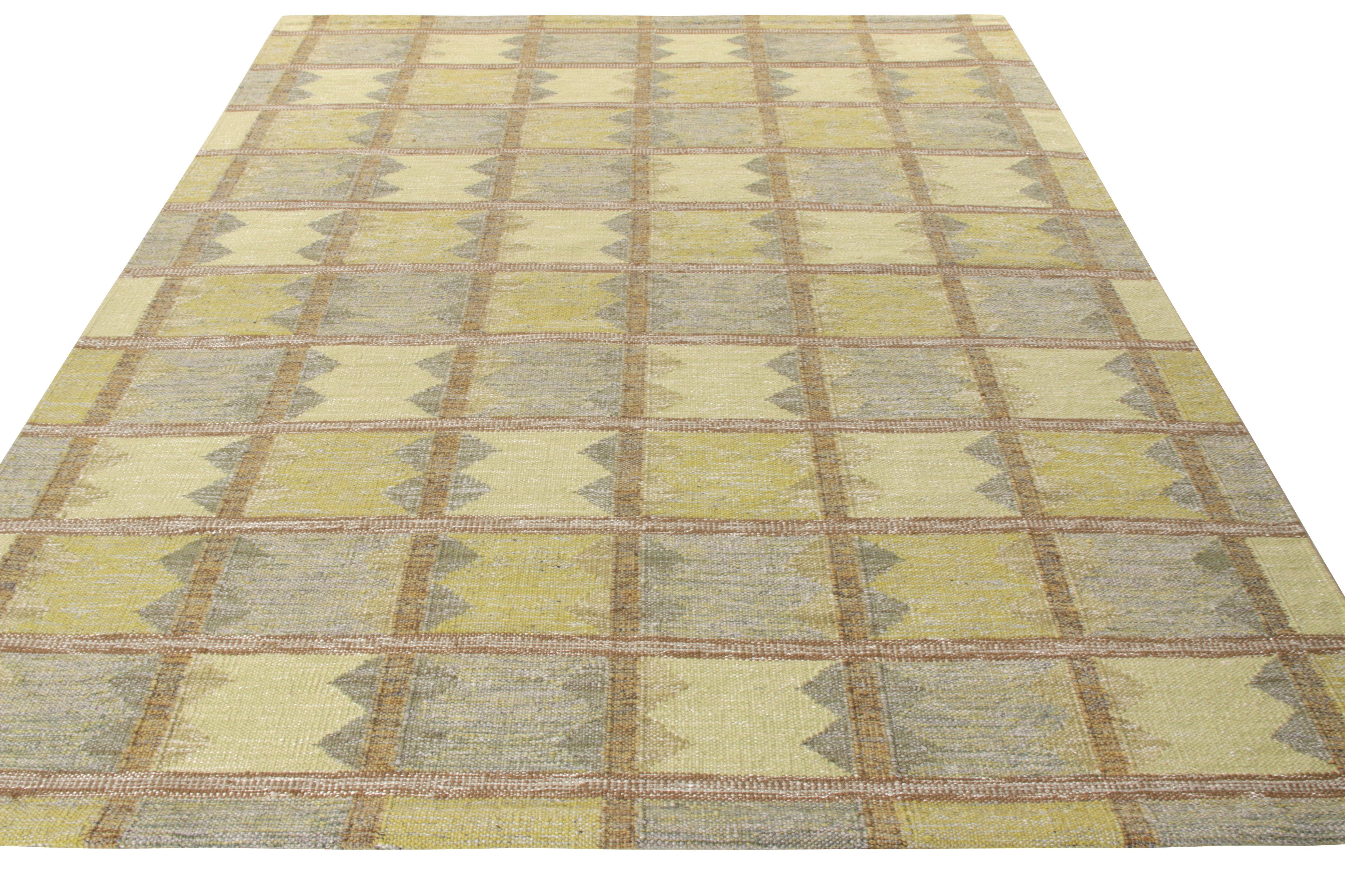 Este moderno kilim de 8x10, que lleva la firma de la prestigiosa colección escandinava de tejido plano de Rug & Kilim, refleja la fina artesanía en un estilo contemporáneo. El tejido plano, de fina sensibilidad Decó sueca, presenta un patrón