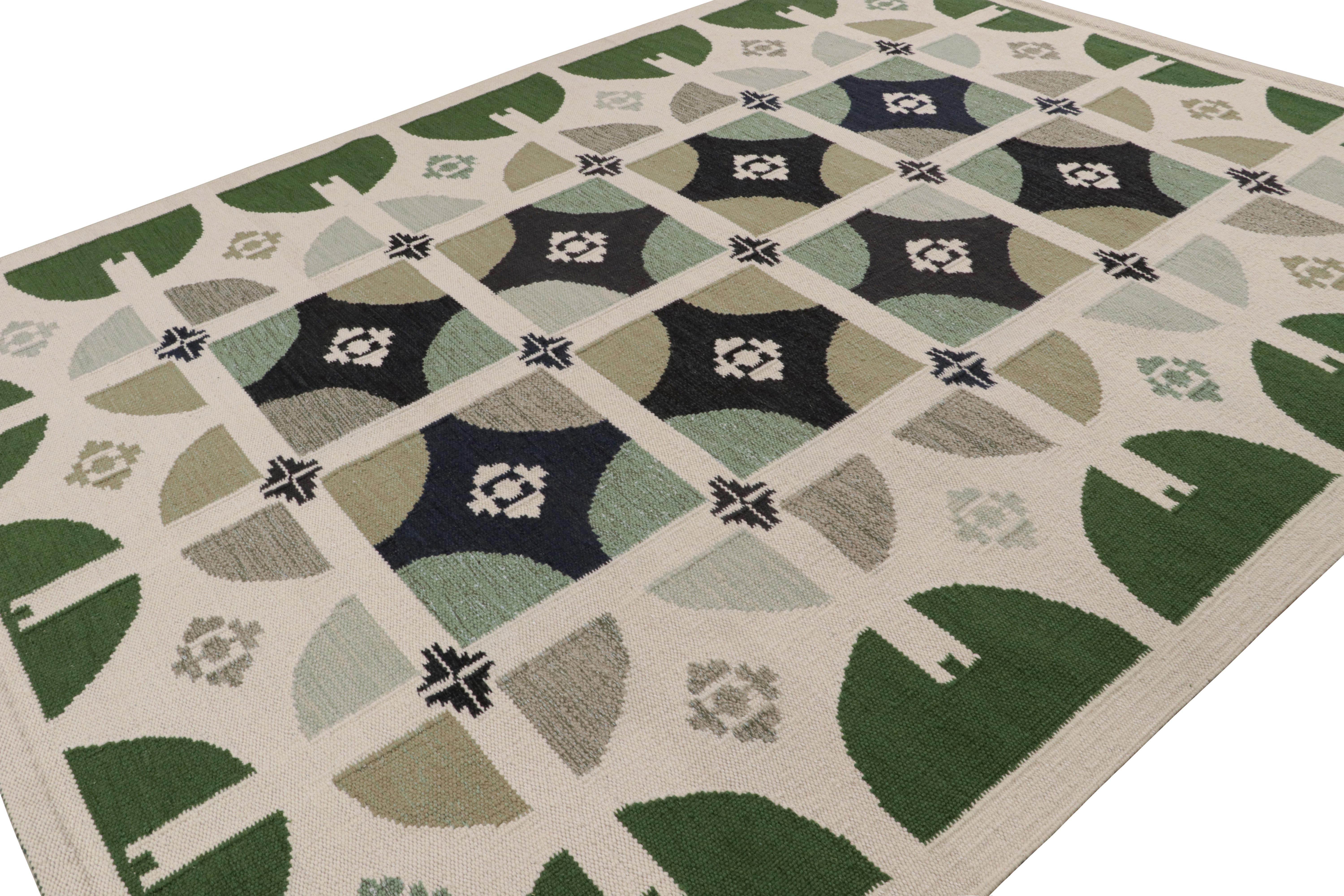 This 9x12 Kilim rug is from the flatweave line in the Scandinavian rug collection by Rug & Kilim. Handwoven in wool, cotton and natural yarns, its design is a modern take on Rollakan and Rya rugs in the Swedish Deco style. 

On the Design: 

These