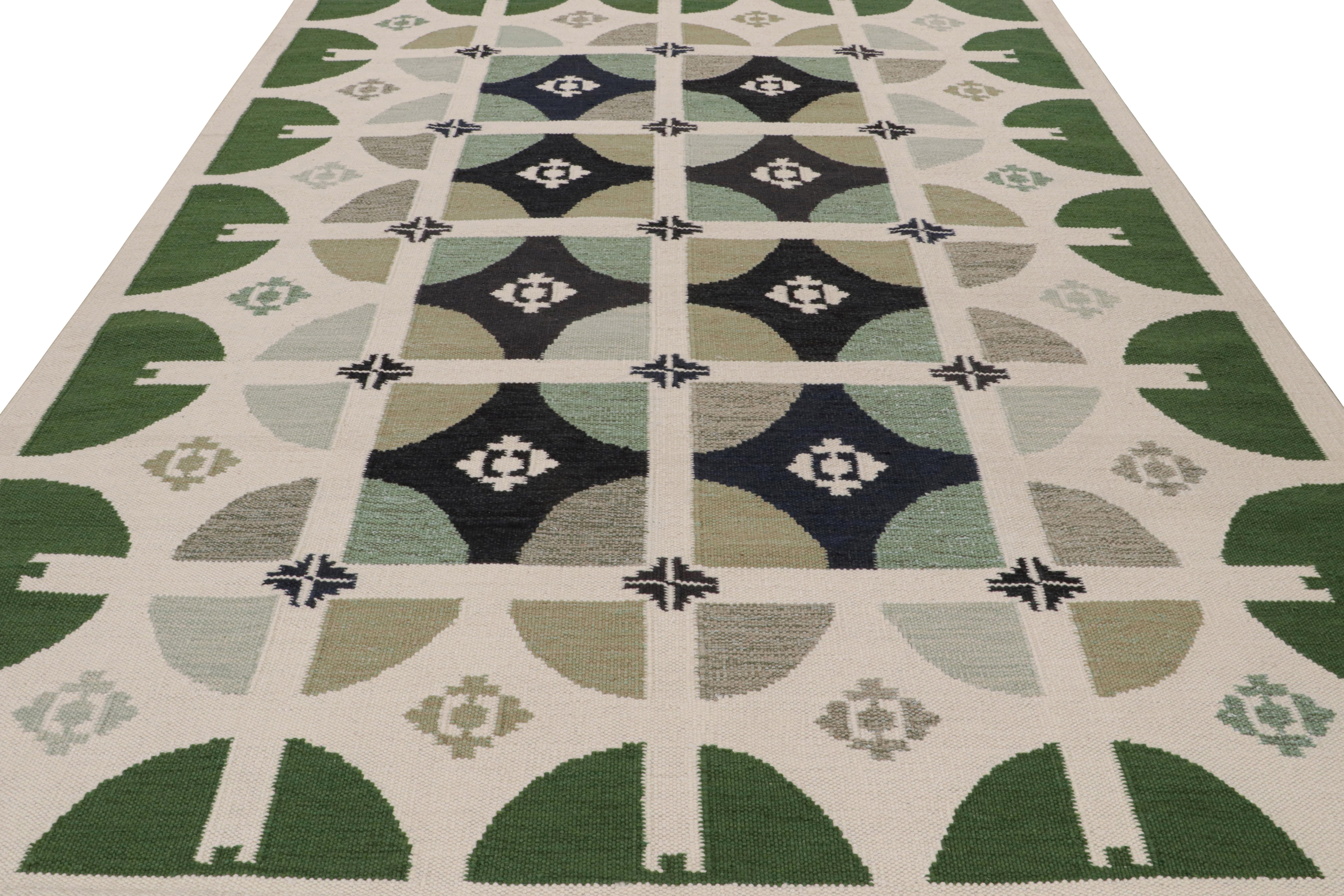 Modern Rug & Kilim’s Scandinavian Style Kilim Rug in Green, White & Black Patterns For Sale