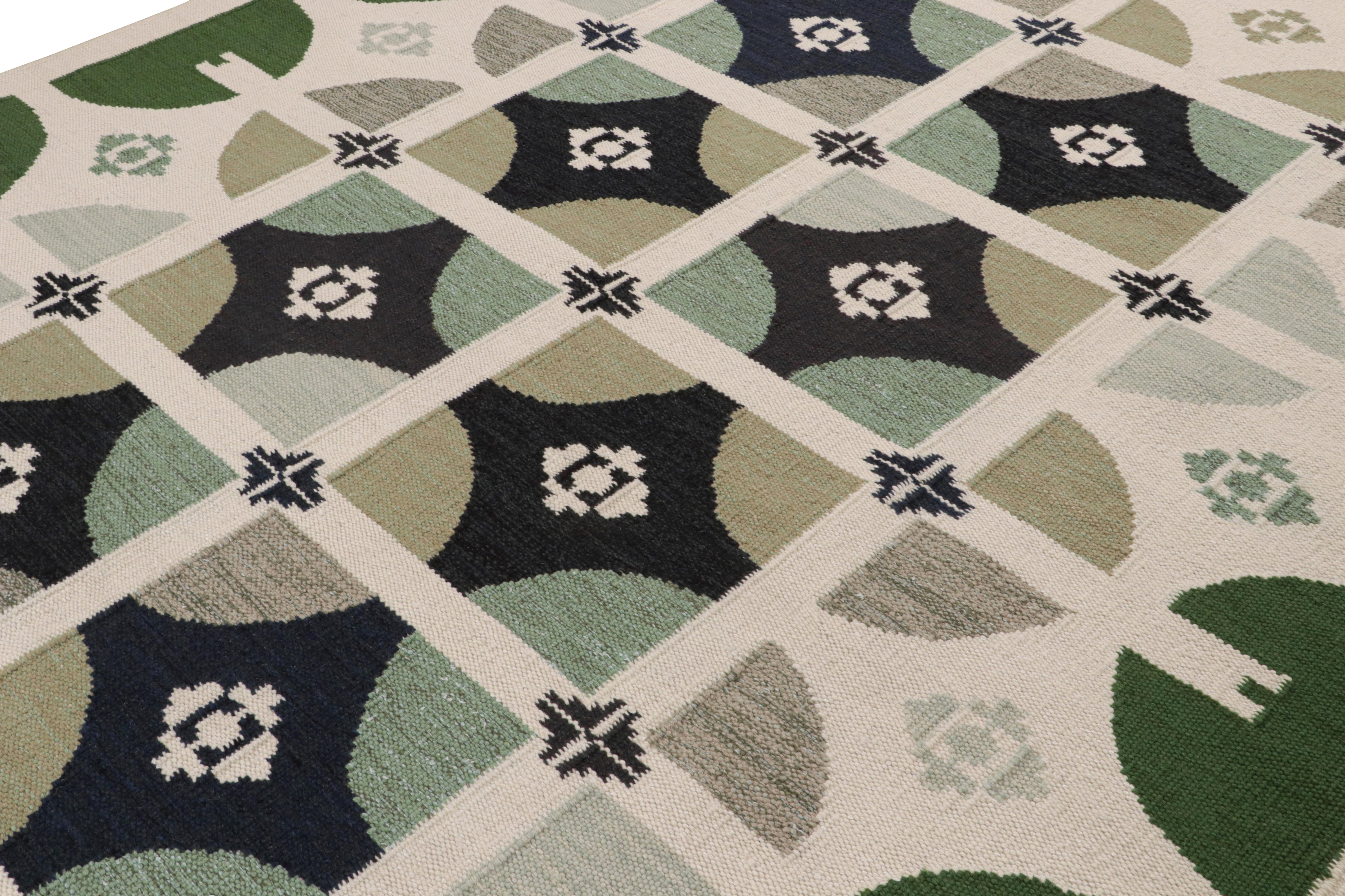 Indian Rug & Kilim’s Scandinavian Style Kilim Rug in Green, White & Black Patterns For Sale