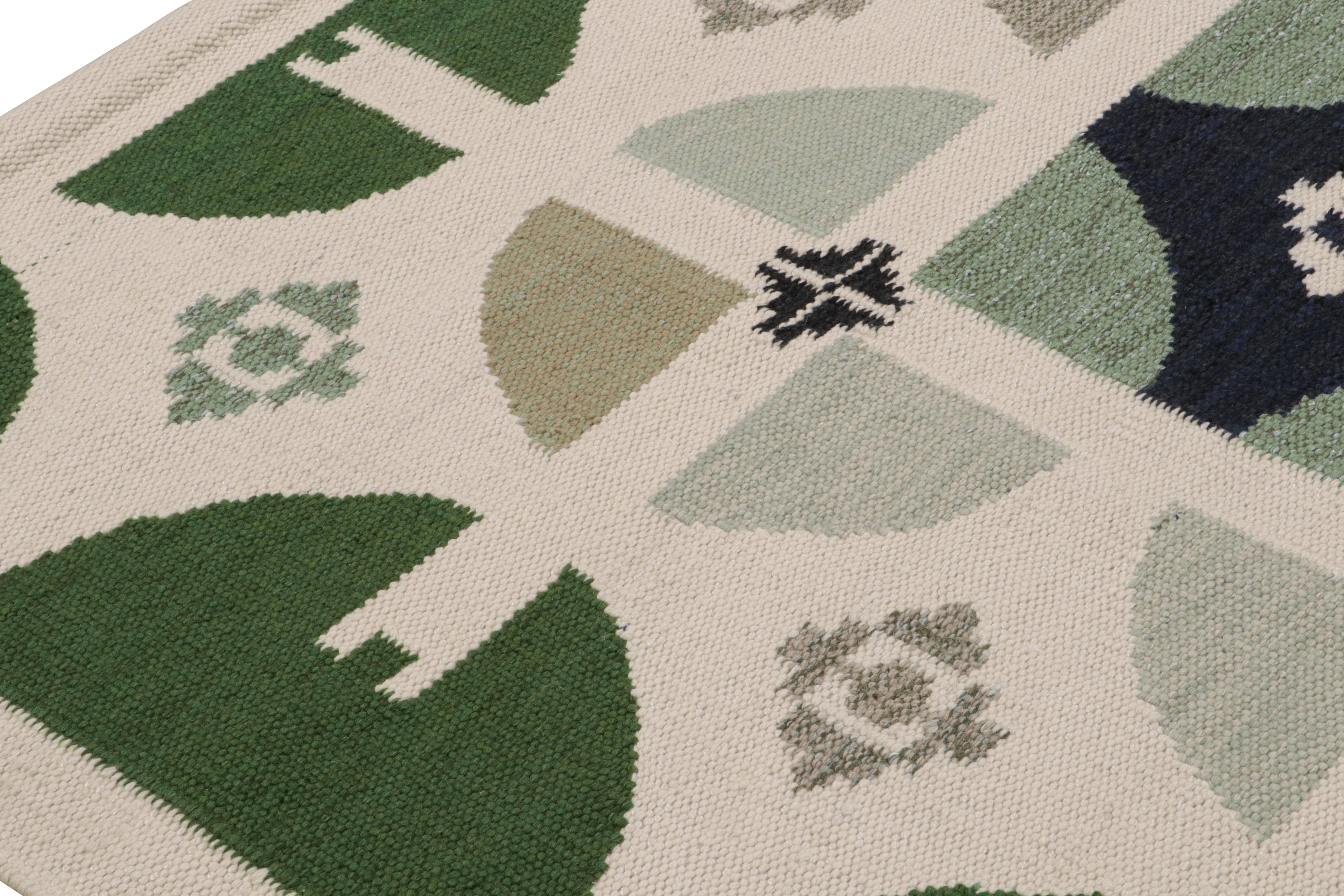 Hand-Woven Rug & Kilim’s Scandinavian Style Kilim Rug in Green, White & Black Patterns For Sale
