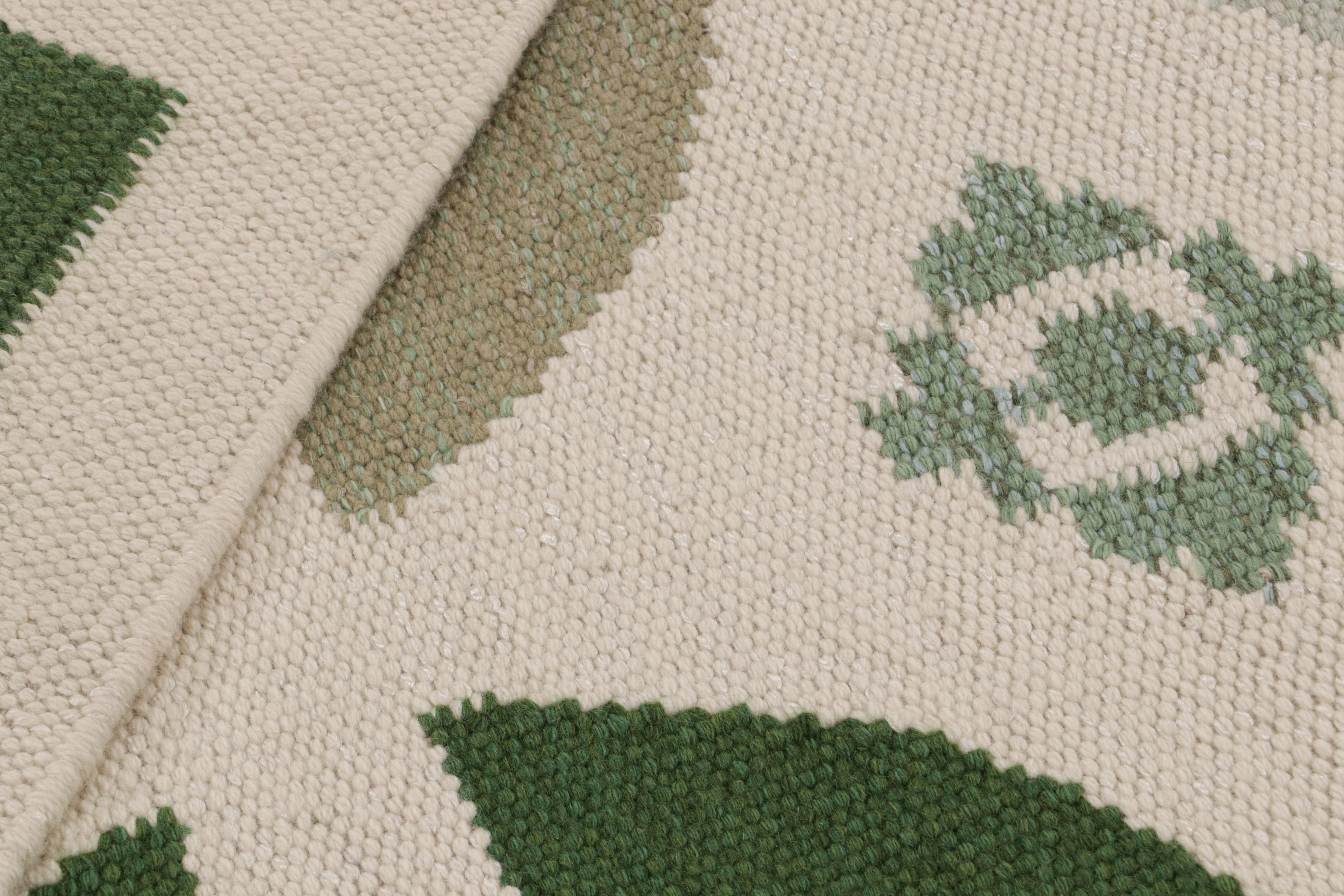 Contemporary Rug & Kilim’s Scandinavian Style Kilim Rug in Green, White & Black Patterns For Sale