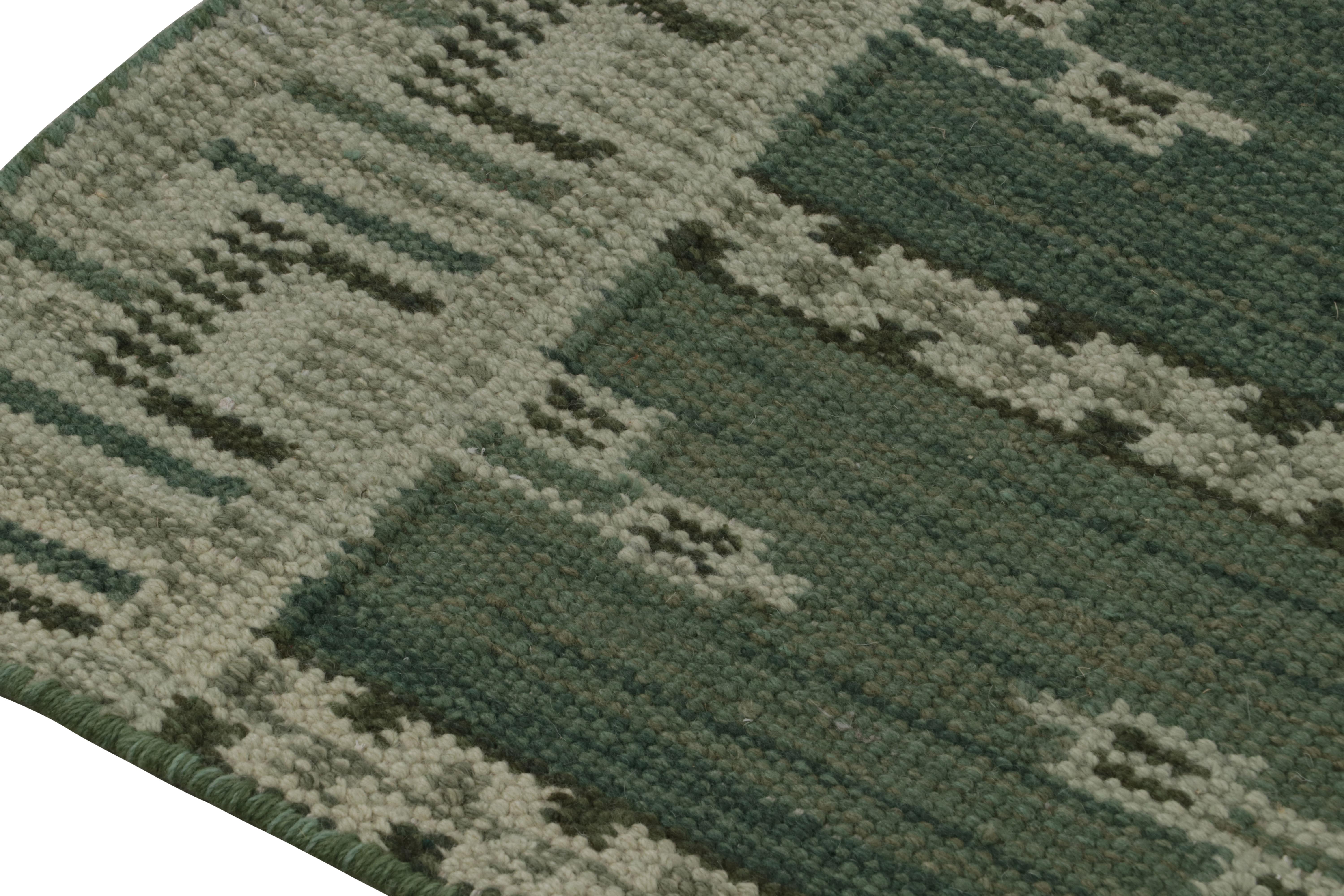 Hand-Woven Rug & Kilim’s Scandinavian Style Kilim Rug in Green with Geometric Patterns For Sale