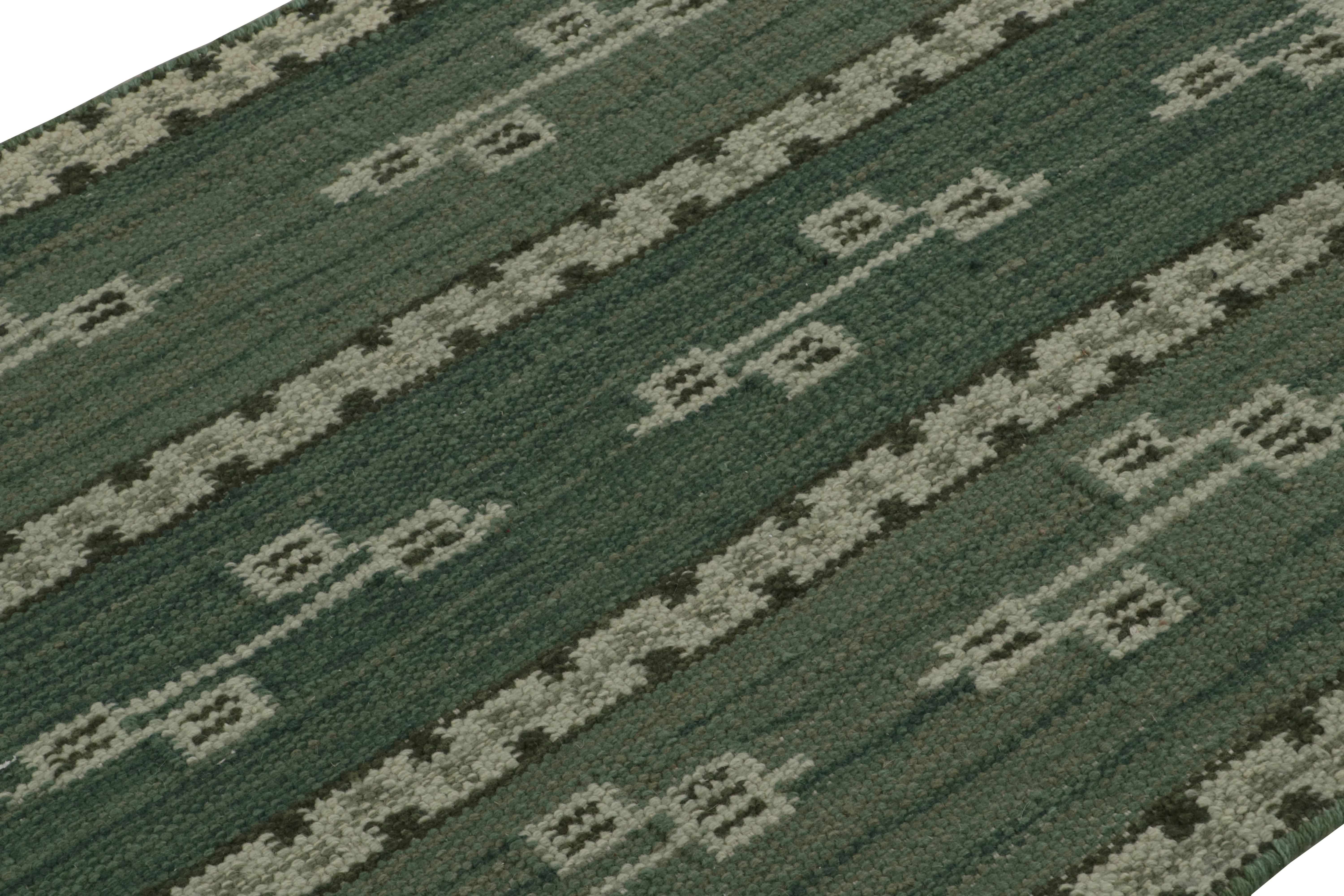 Contemporary Rug & Kilim’s Scandinavian Style Kilim Rug in Green with Geometric Patterns For Sale