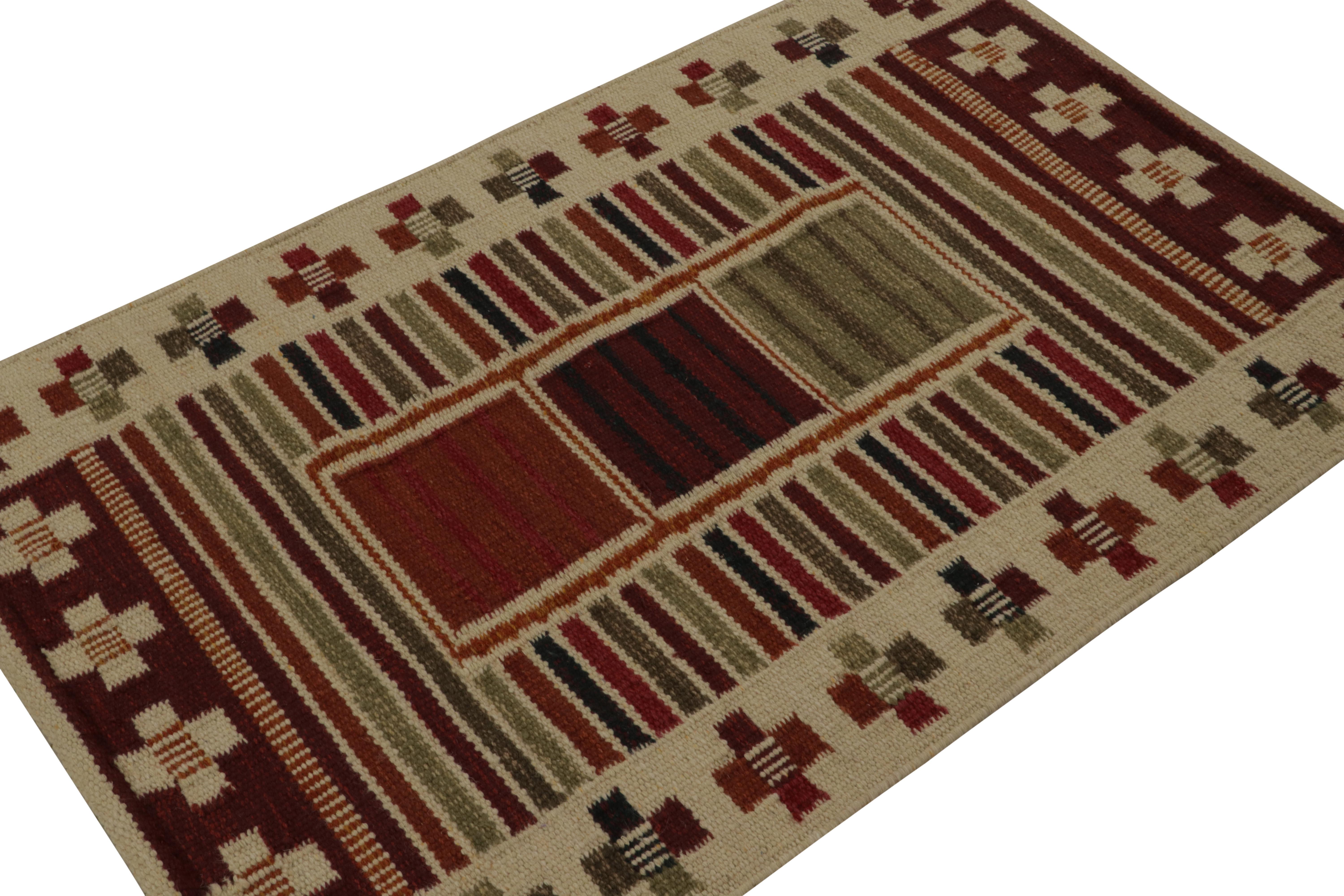 This 3x5 Kilim rug is from the flatweave line in the Scandinavian rug collection by Rug & Kilim. Handwoven in wool, cotton and natural yarns, its design is a modern take on Rollakan and Rya rugs in the Swedish Deco style. 

On the Design: 

These