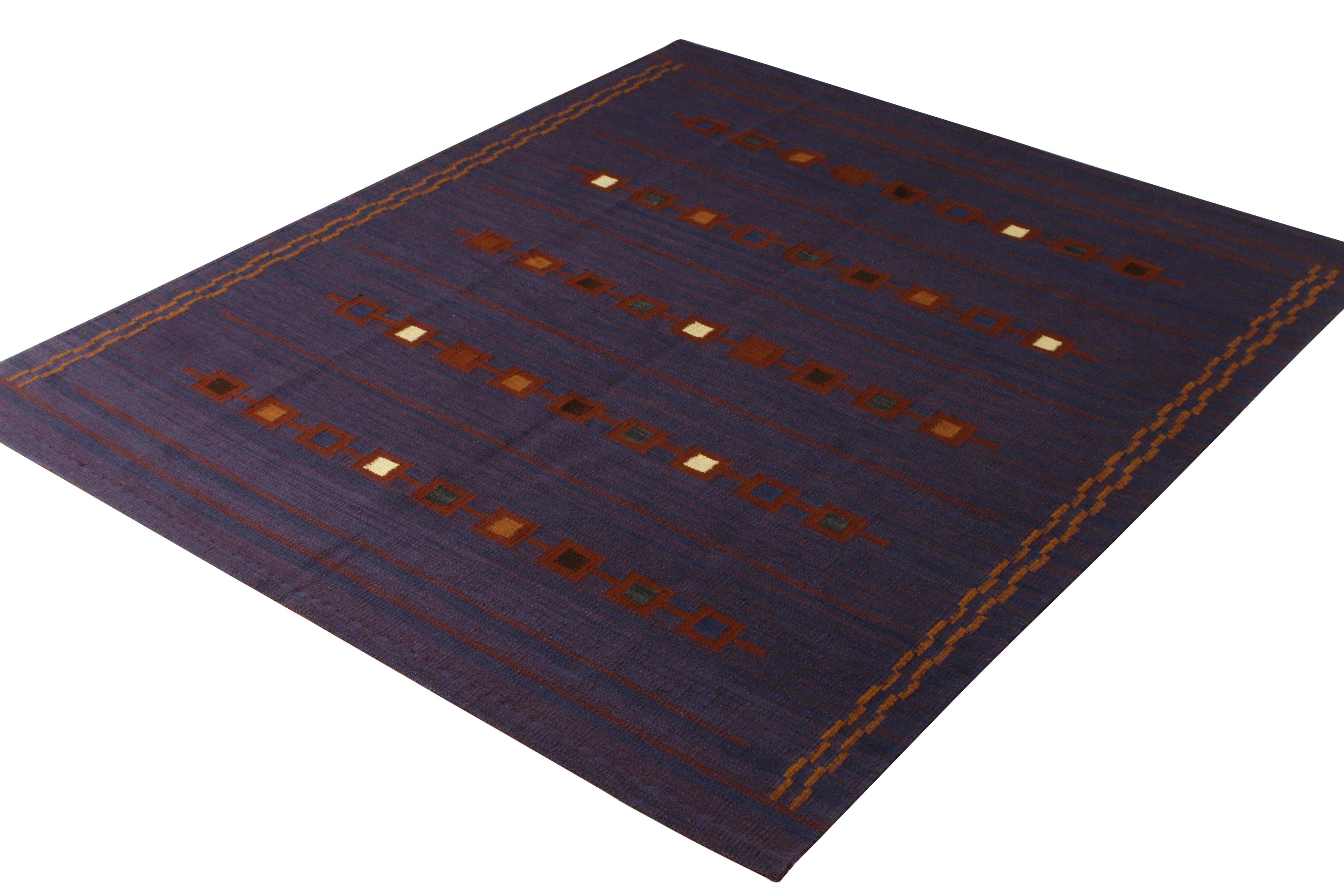 An 8 x 10 flat weave in purple and brown from the Scandinavian Collection by Rug & Kilim. Handwoven in wool, an ode to iconic mid-century Swedish modernism in our durable modern Kilim rug style. 

Further on the design: This particular