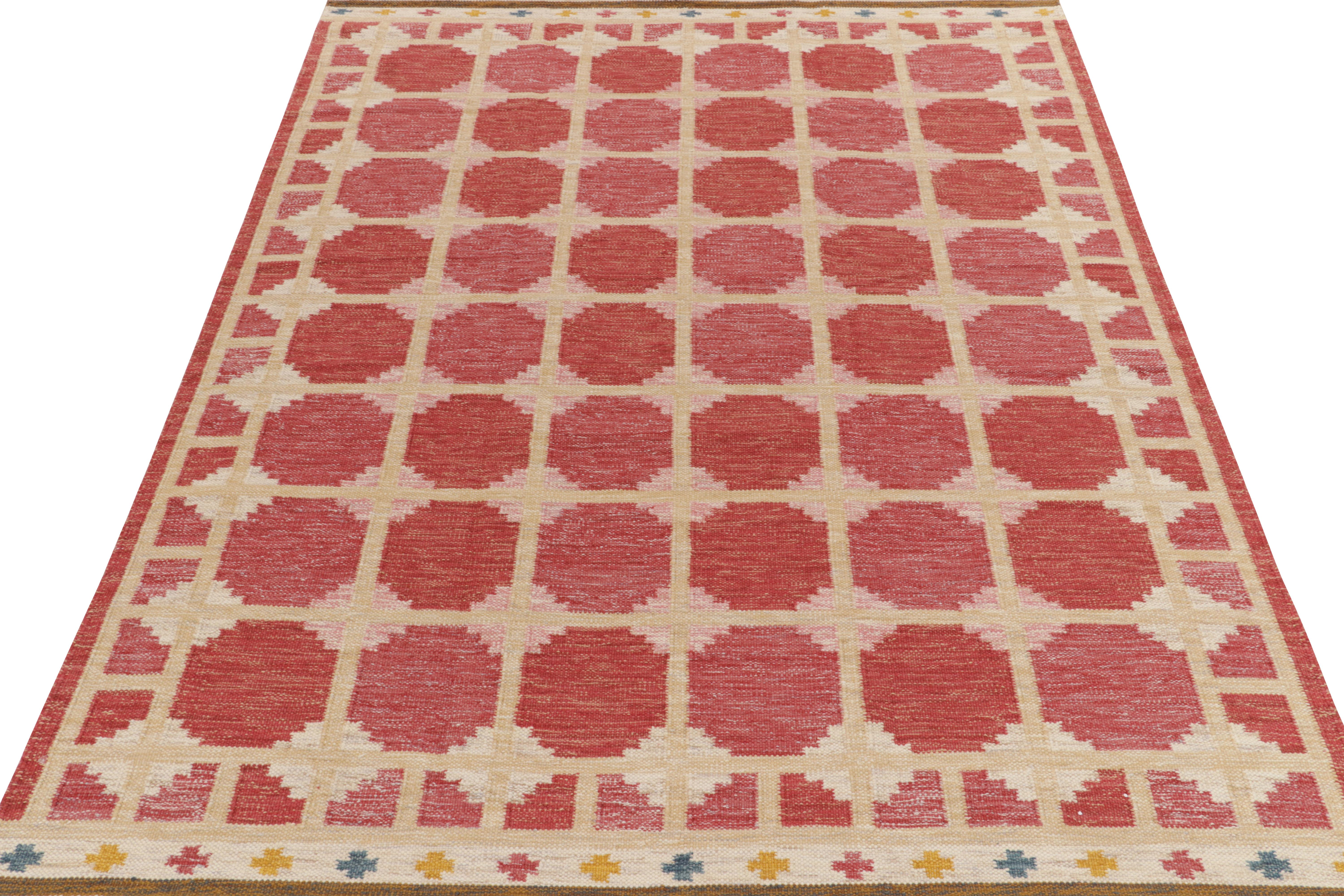 Dieses 9x11 große Flachgewebe aus der preisgekrönten Scandinavian Collection'S von Rug & Kilim steht für eine moderne Interpretation schwedischer Vintage-Ästhetik. Der Kilim im modernen Stil ist im klassischen Deco-Stil gehalten, mit einer