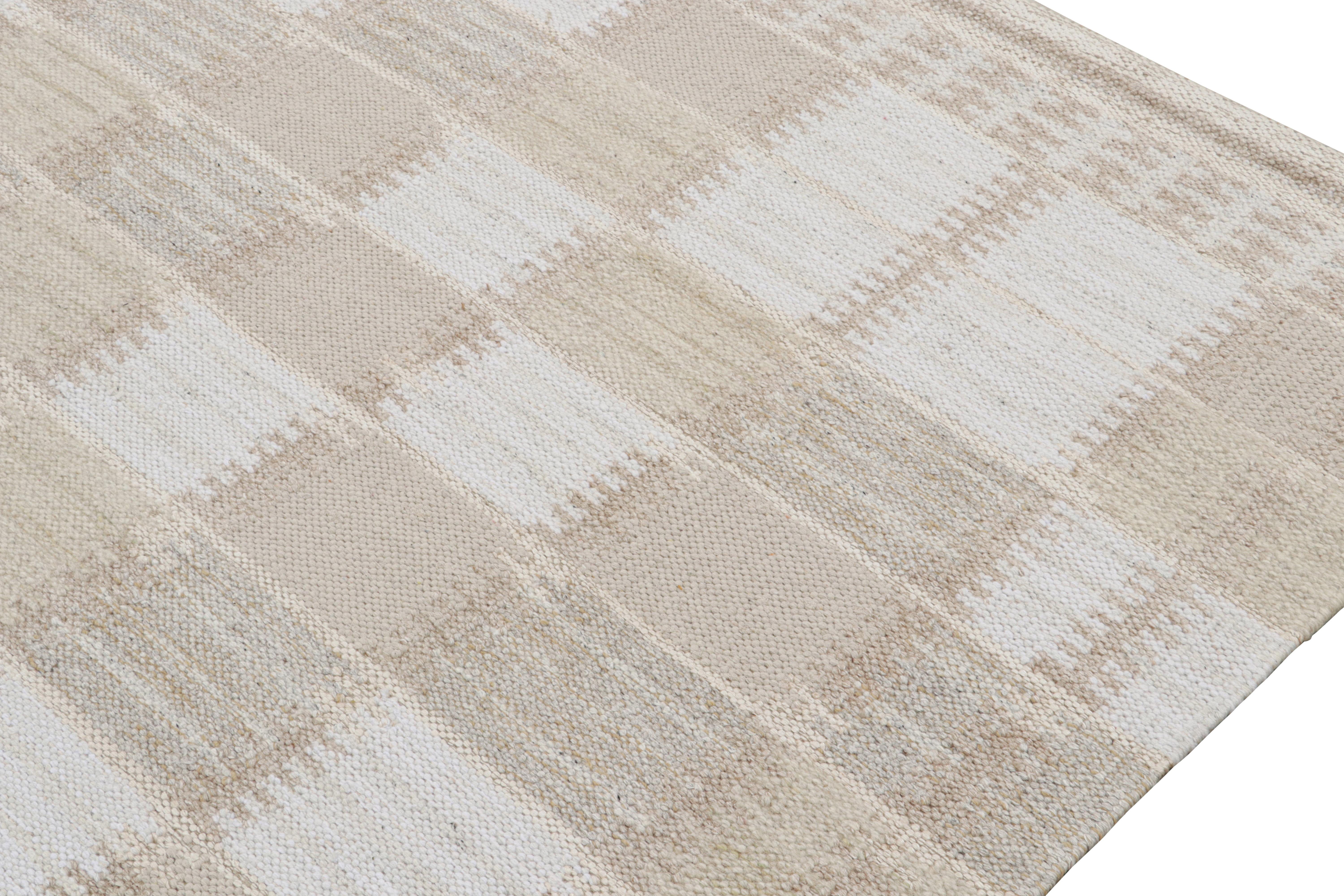Hand-Woven Rug & Kilim’s Scandinavian Style Kilim Rug in Taupe & Blue Geometric Patterns For Sale