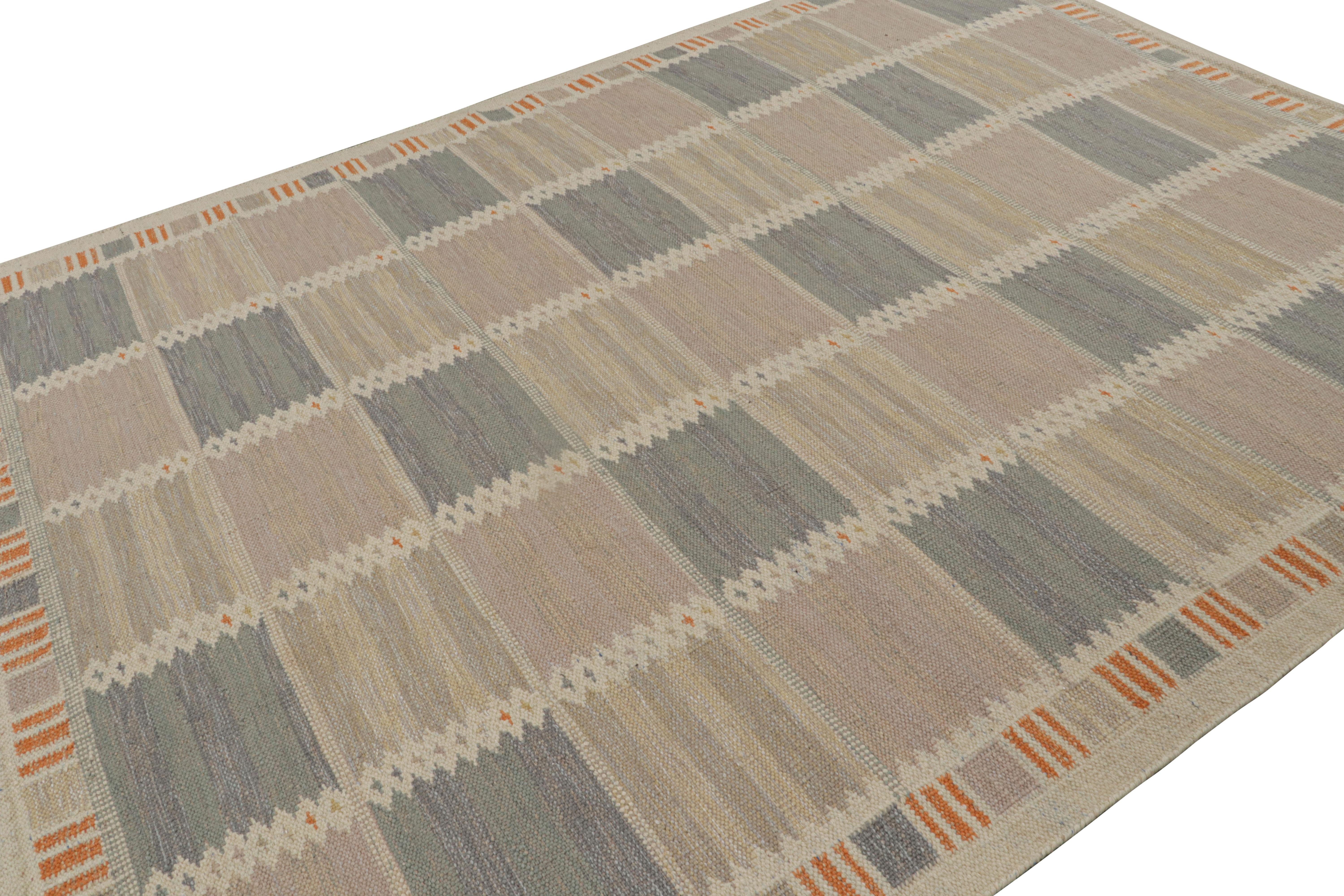 Dieser Kelimteppich im schwedischen Stil (9×12) stammt aus der preisgekrönten skandinavischen Teppichkollektion von Rug & Kilim. Dieses handgewebte Flachgewebe aus Wolle und anderen ungefärbten Naturgarnen ist von den schwedischen Deko-Teppichen