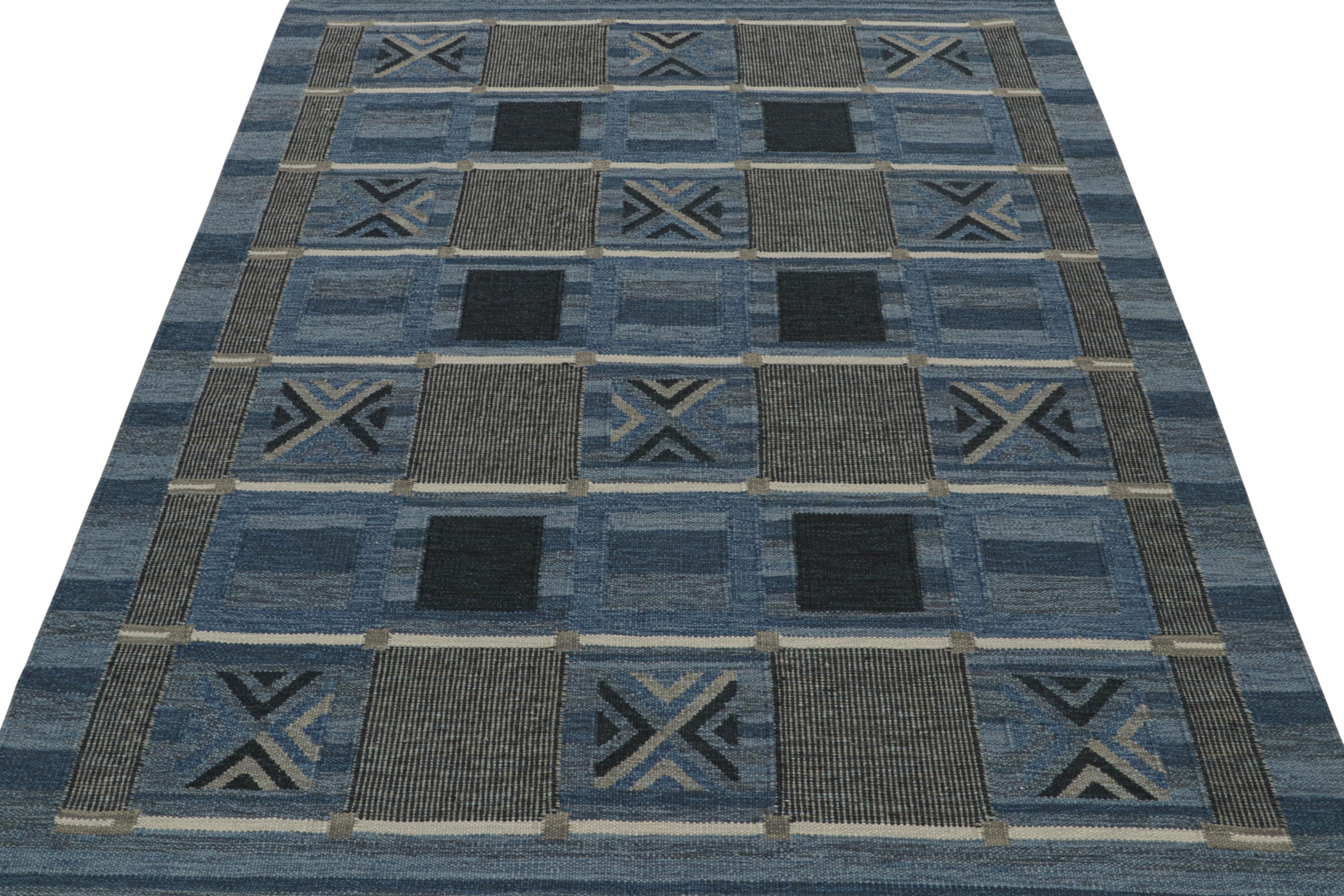 Modern Rug & Kilim’s Scandinavian Style Kilim Rug with Blue and Gray Geometric Patterns For Sale