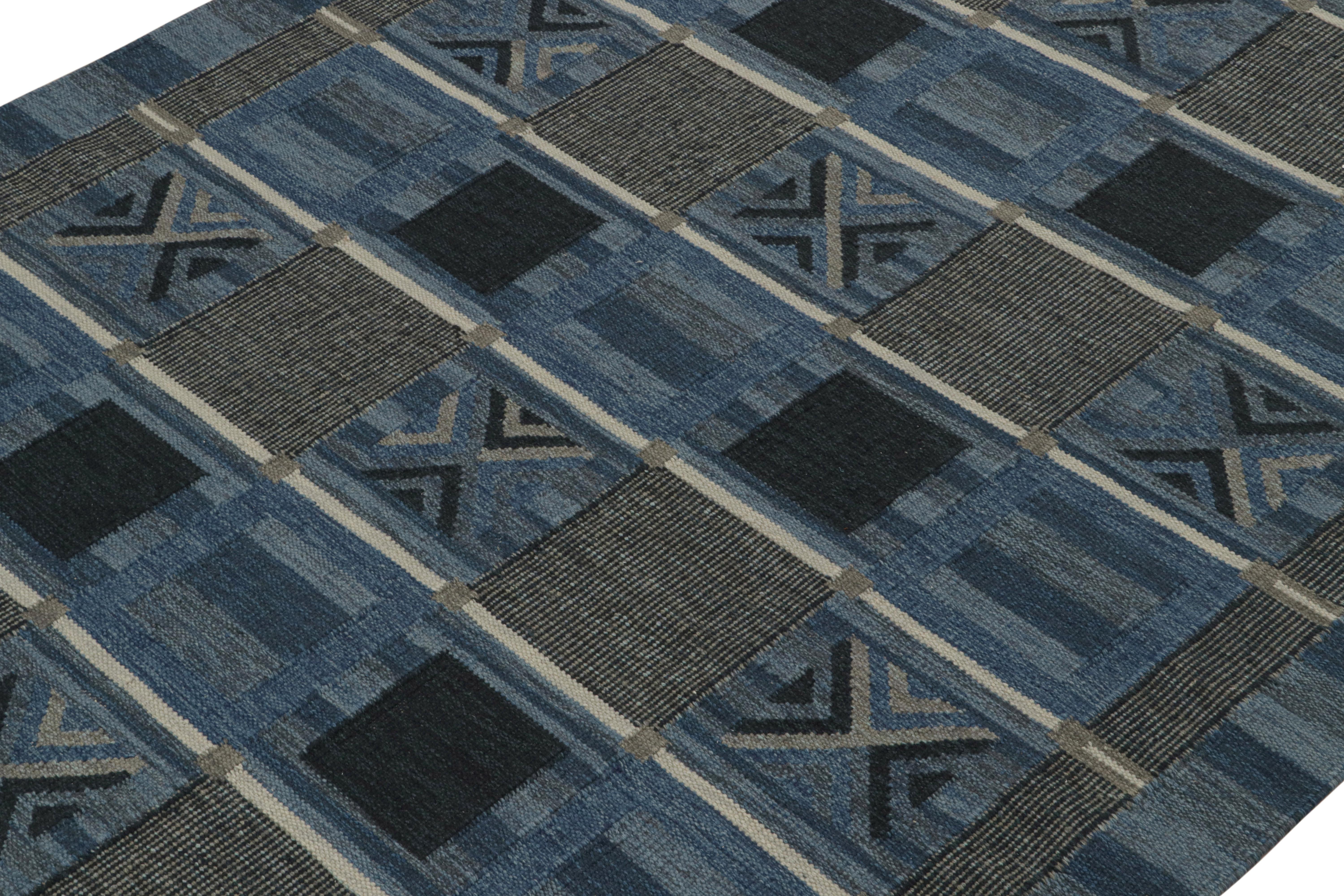 Indian Rug & Kilim’s Scandinavian Style Kilim Rug with Blue and Gray Geometric Patterns For Sale