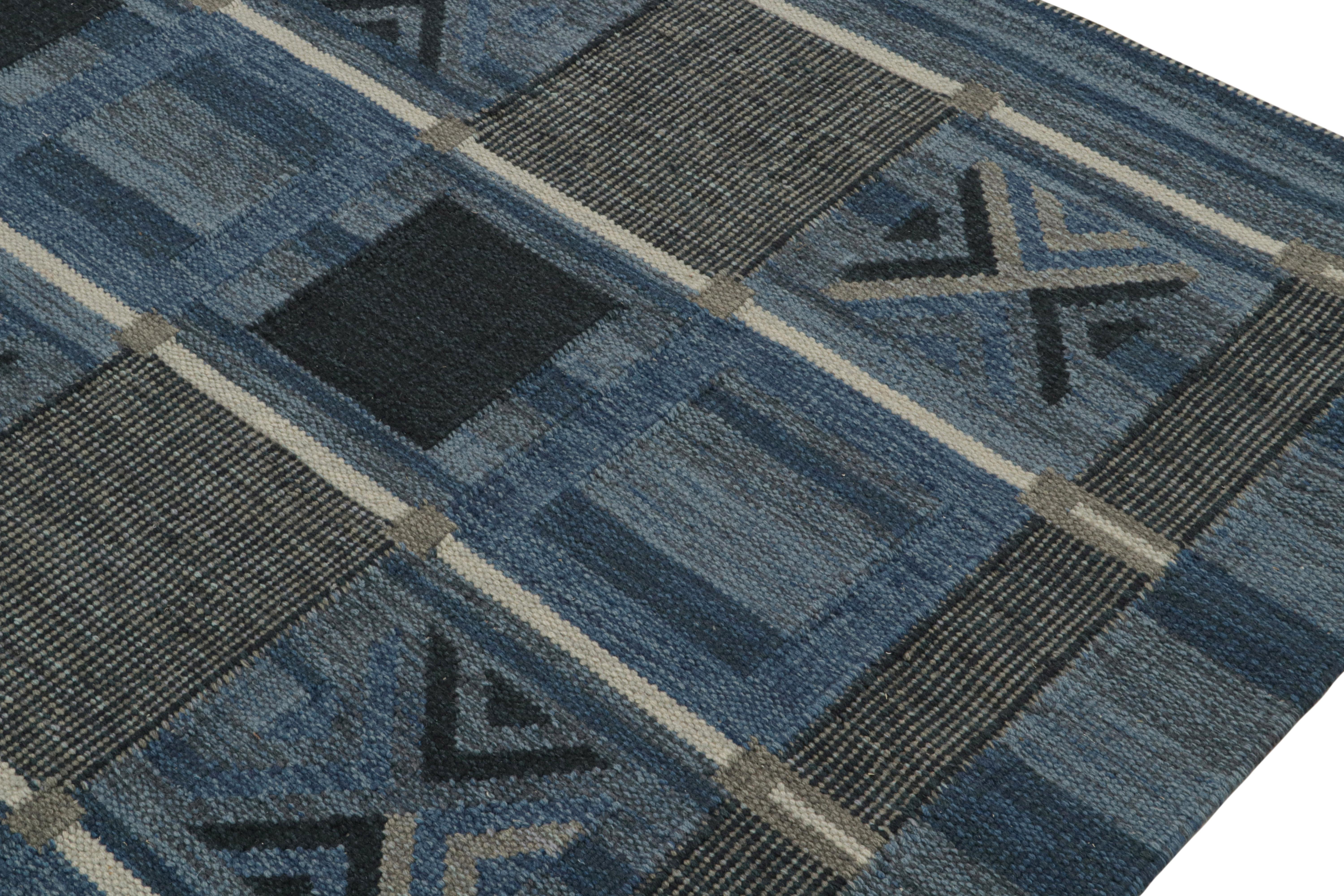 Hand-Woven Rug & Kilim’s Scandinavian Style Kilim Rug with Blue and Gray Geometric Patterns For Sale