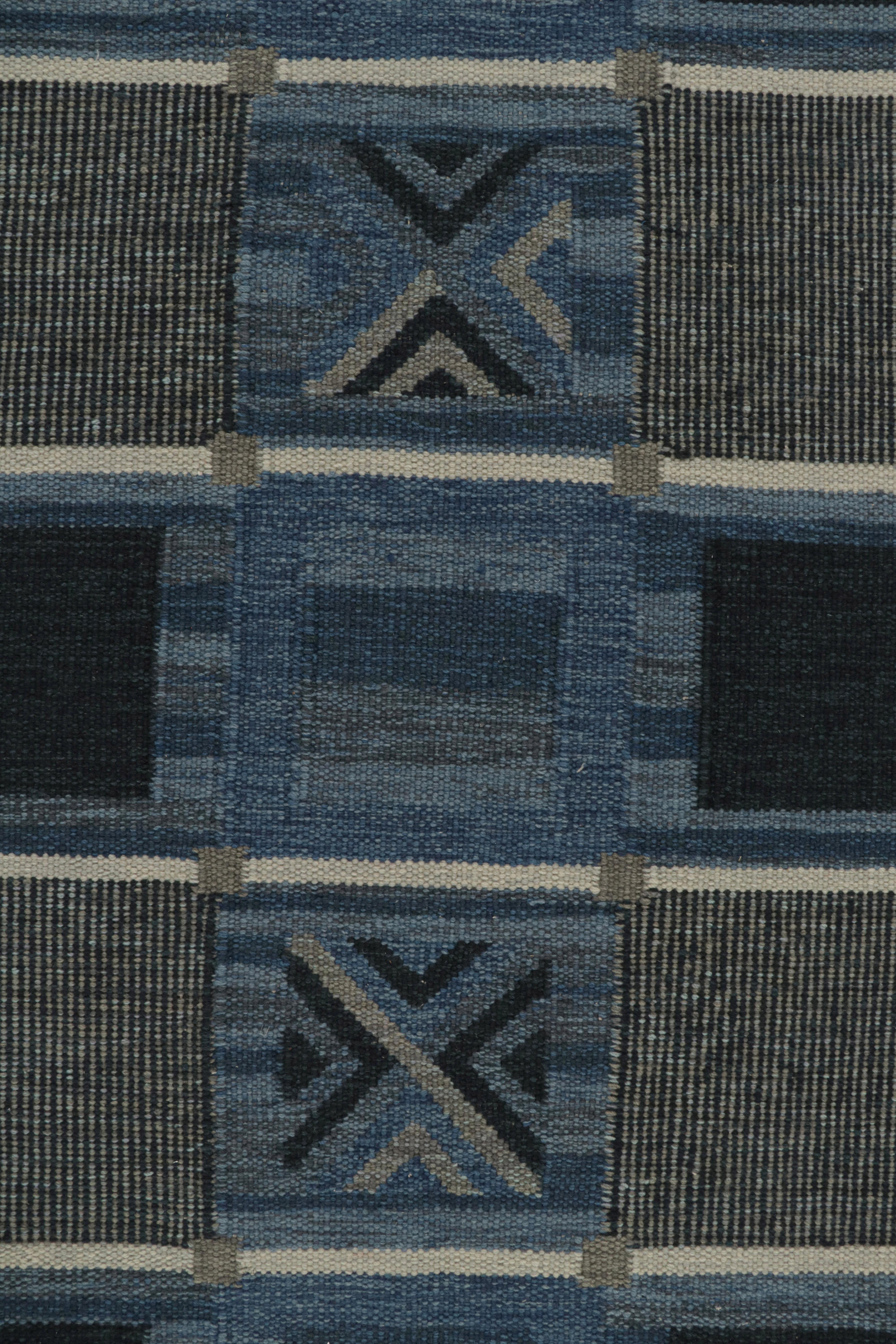 Contemporary Rug & Kilim’s Scandinavian Style Kilim Rug with Blue and Gray Geometric Patterns For Sale