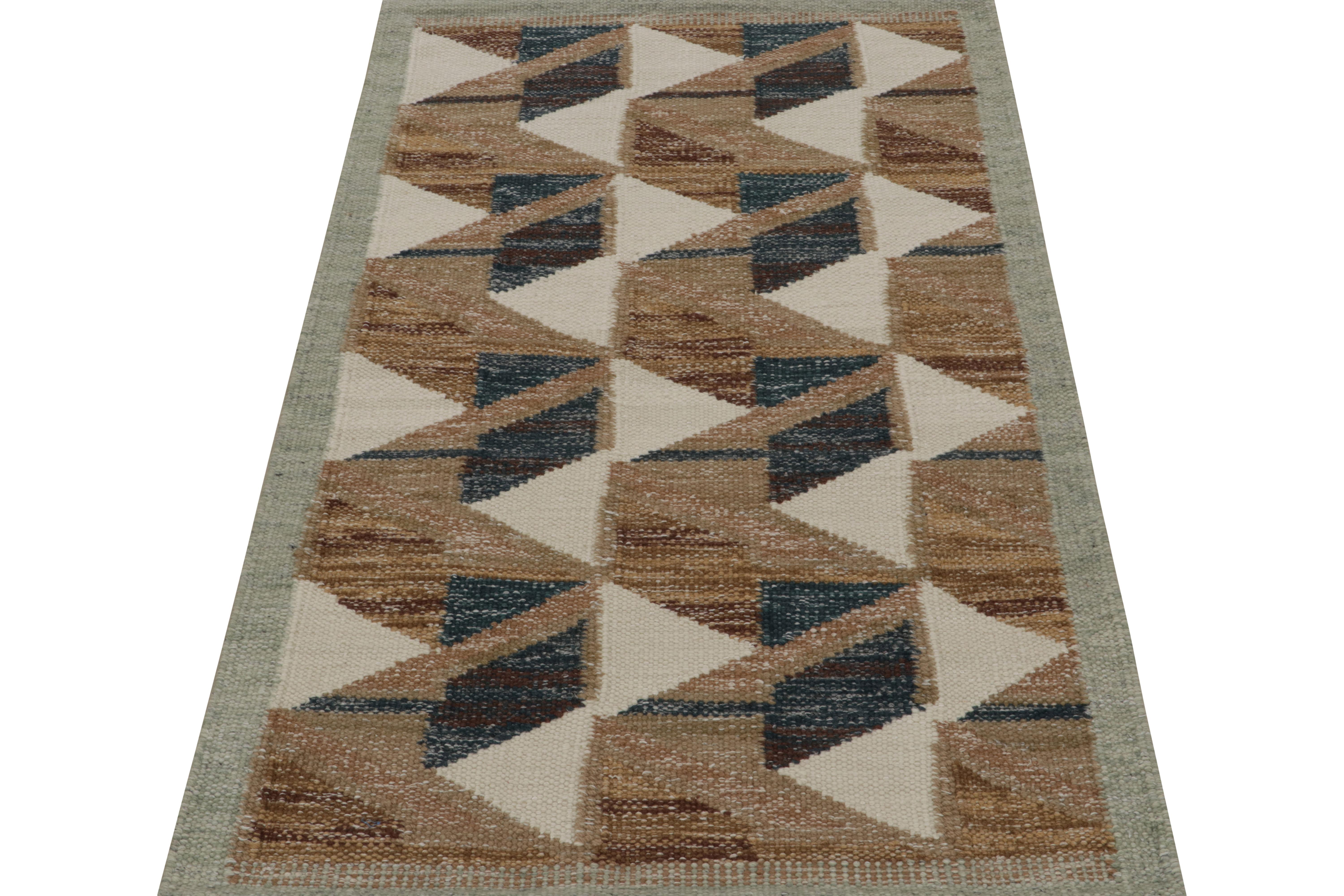Modern Rug & Kilim’s Scandinavian Style Kilim Rug with Brown & Blue Geometric Patterns For Sale