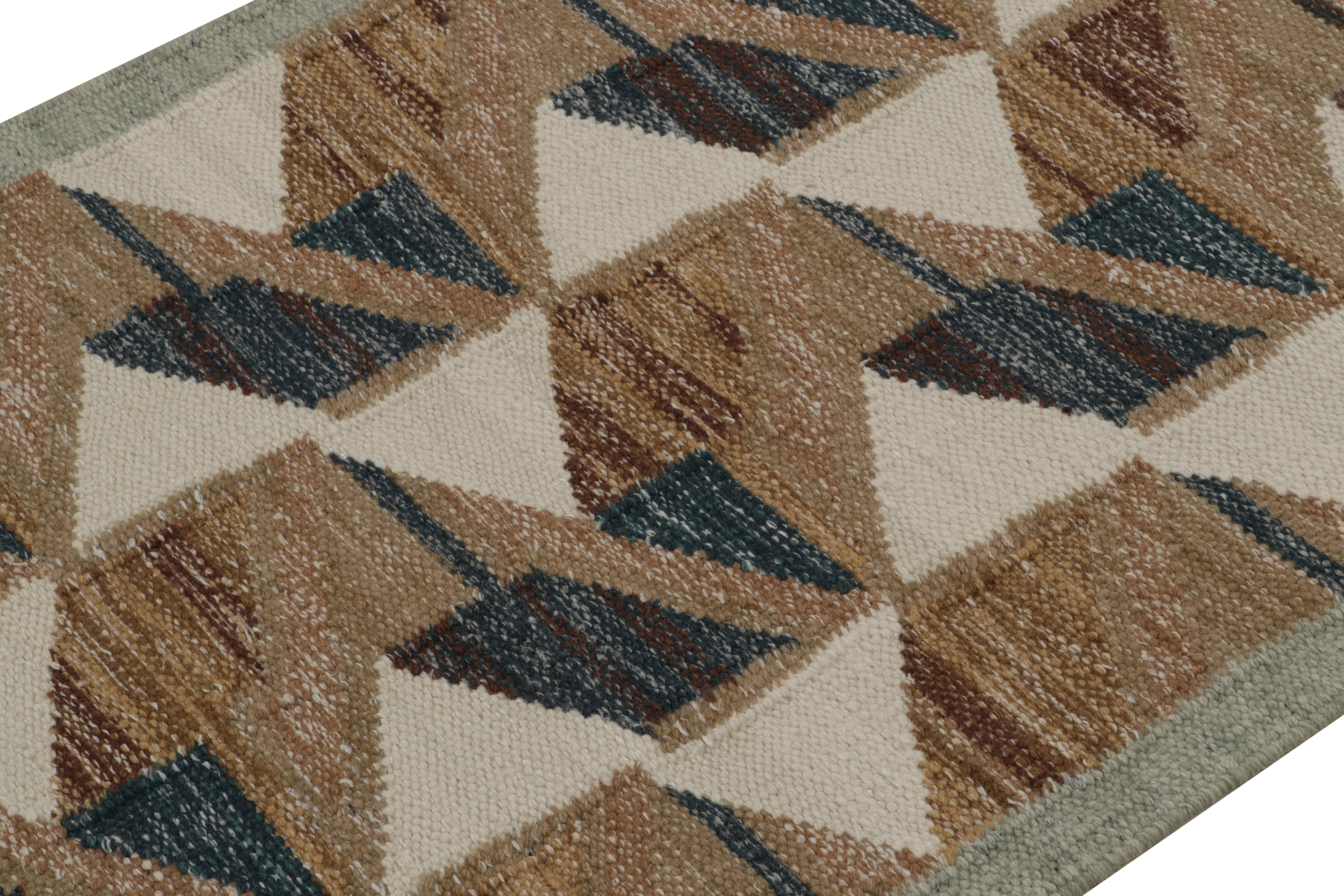 Indian Rug & Kilim’s Scandinavian Style Kilim Rug with Brown & Blue Geometric Patterns For Sale