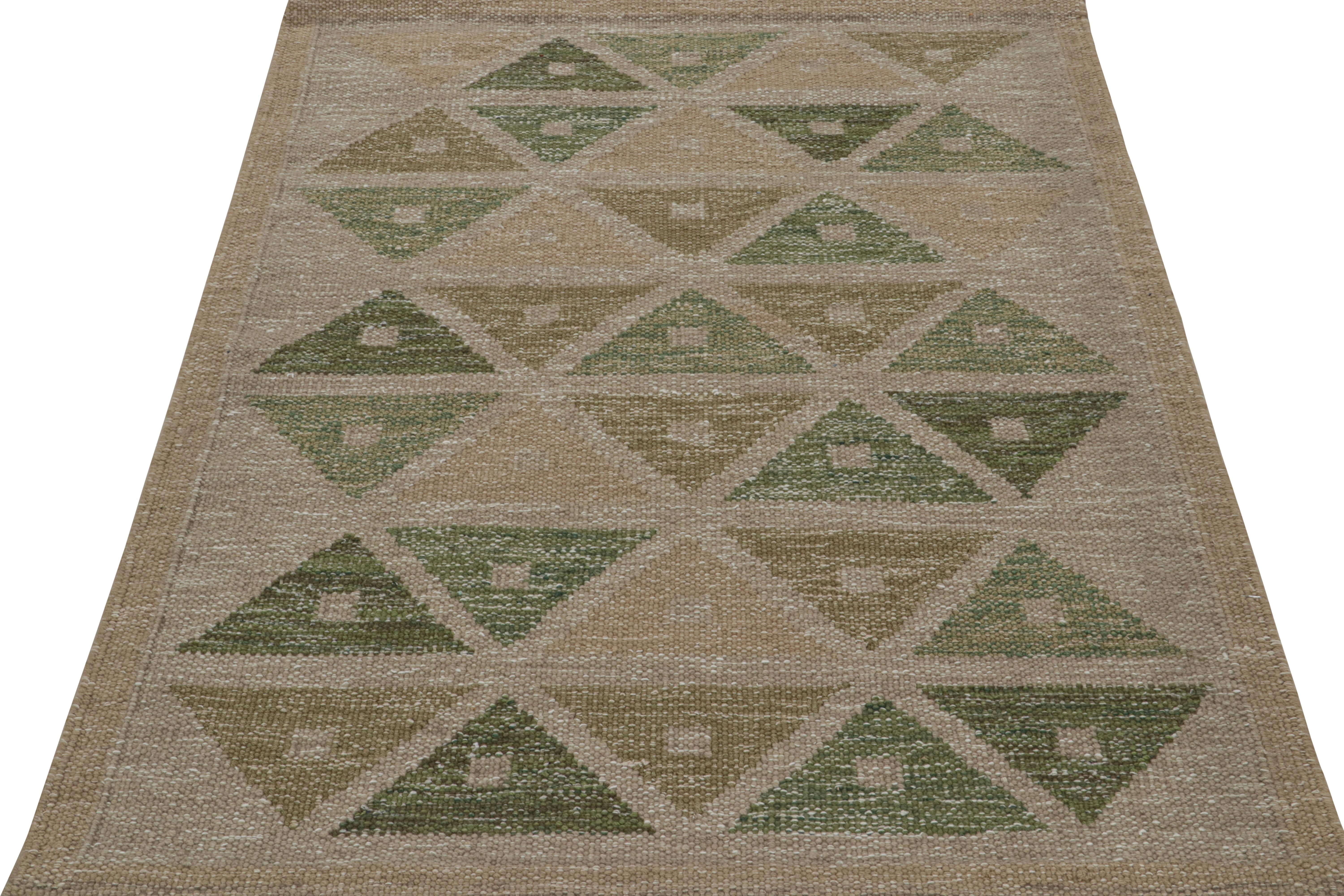 Modern Rug & Kilim’s Scandinavian Style Kilim Rug with Brown & Green Geometric Patterns For Sale