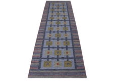 Rug & Kilim’s Scandinavian Style Kilim Runner, Blue and Green Geometric Pattern