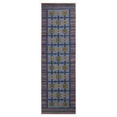 Rug 
Kilim’s Scandinavian Style Kilim Runner, Blue and Green Geometric Pattern