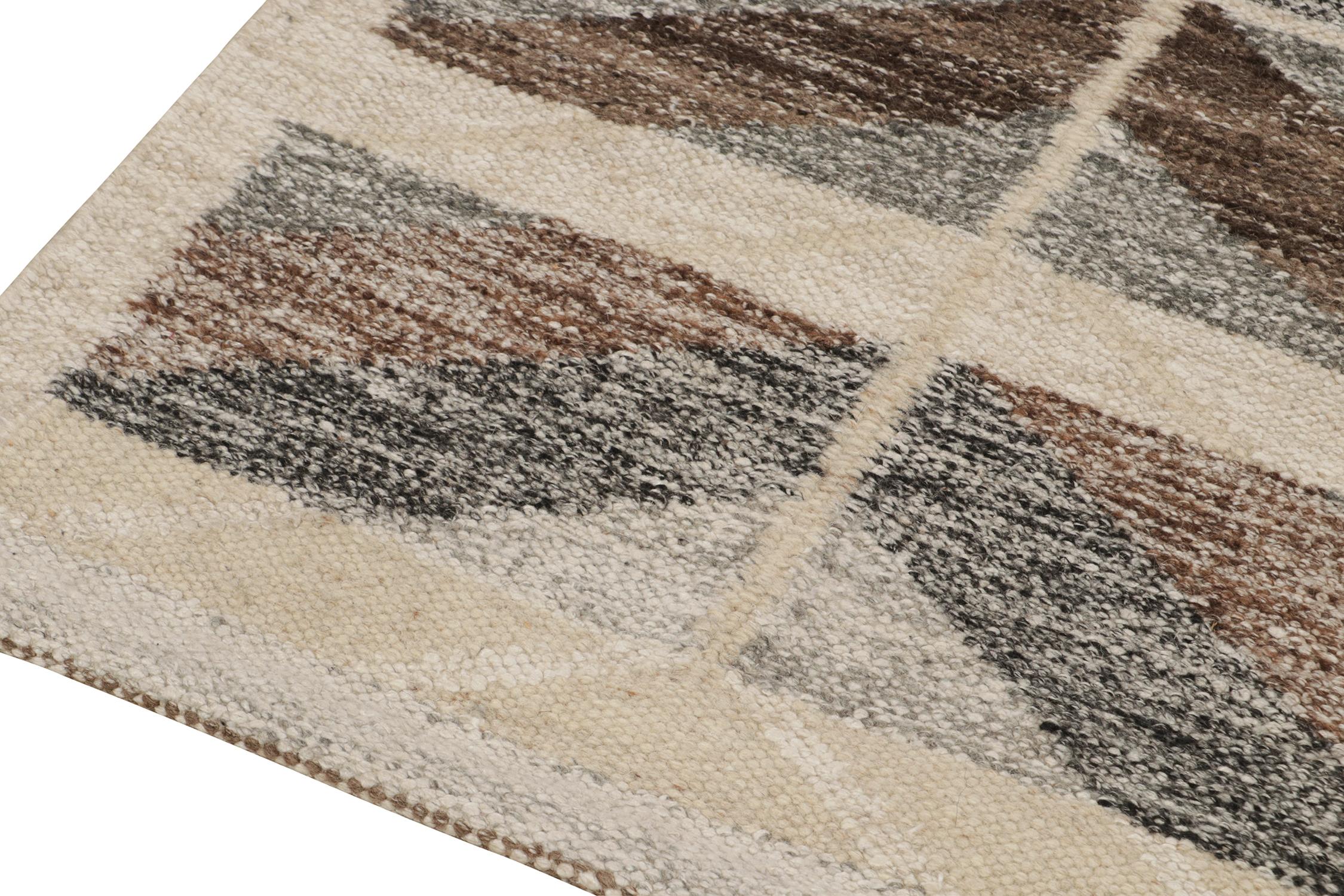 Hand-Knotted Rug & Kilim’s Scandinavian Style Kilim Runner In Beige & Brown Geometric Pattern For Sale
