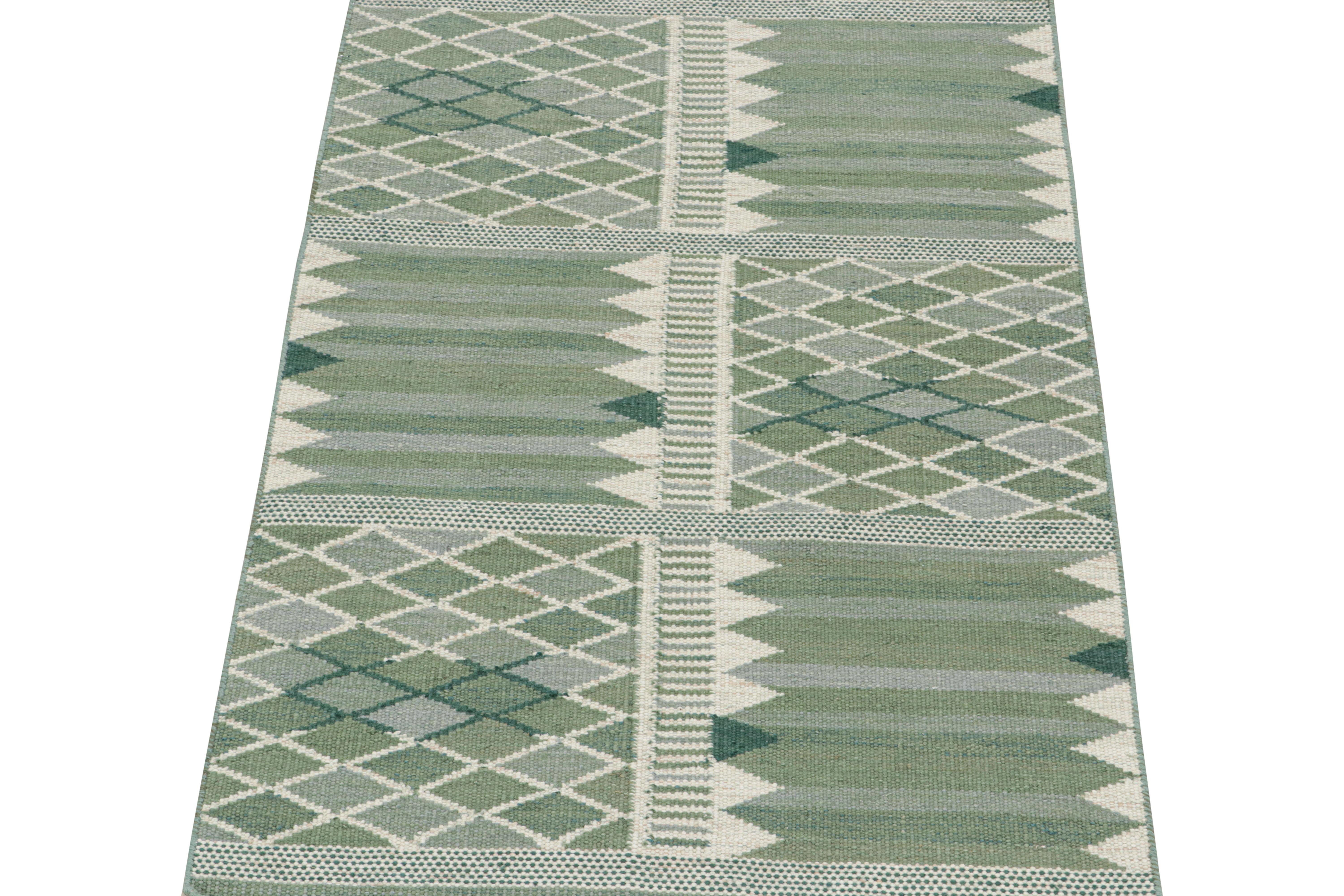 This 4 x 6 flat weave is a bold new addition to the Scandinavian collection by Rug 
Kilim. Handwoven in wool and natural yarns, its design reflects a contemporary take on midcentury Rollakans and Swedish Deco style.

On the design:

This