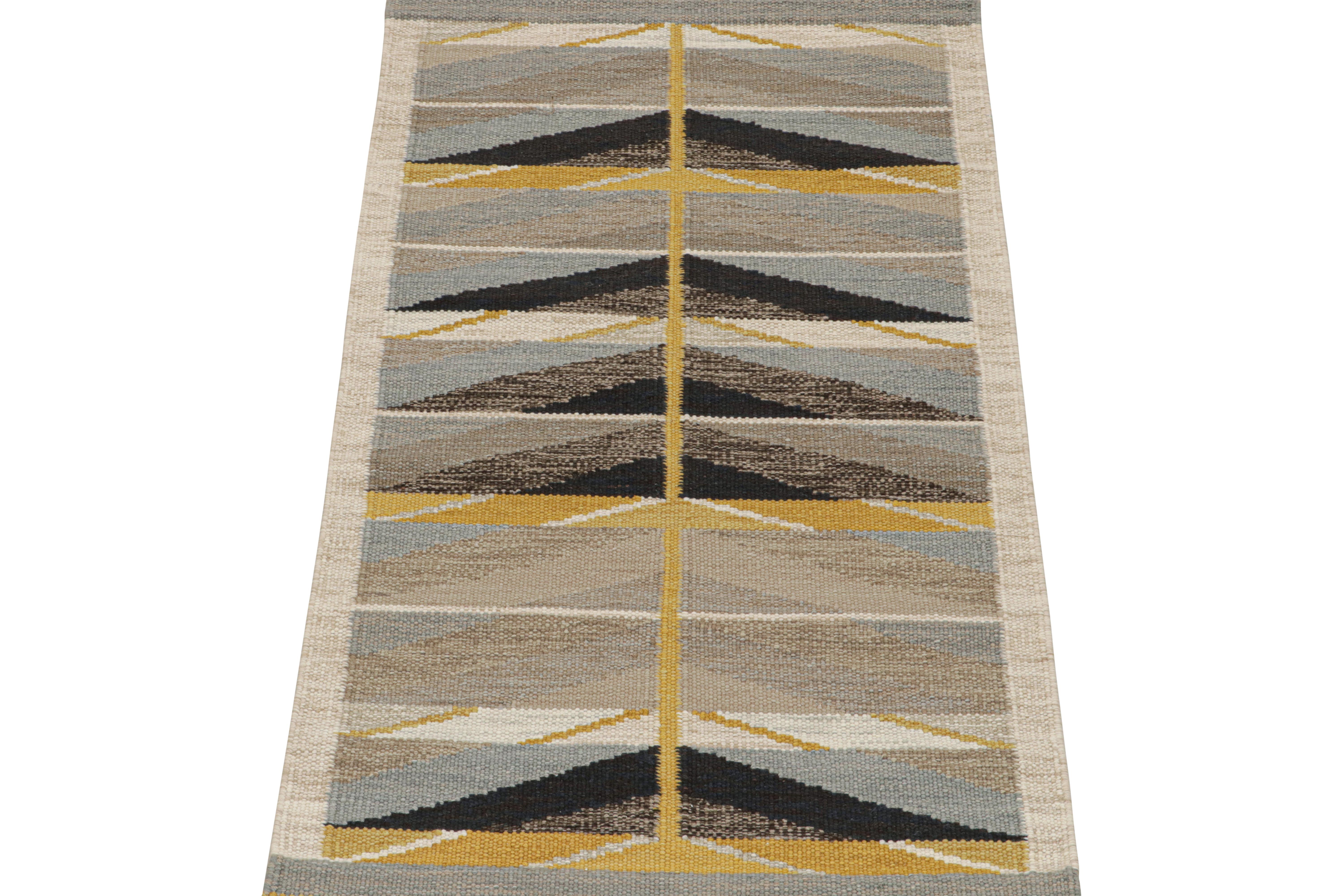 This 3x6 flat weave runner is a bold new addition to the Scandinavian Collection by Rug & Kilim. Handwoven in wool and natural yarns, its design reflects a contemporary take on mid-century Rollakans and Swedish Deco style.

On the Design:

This
