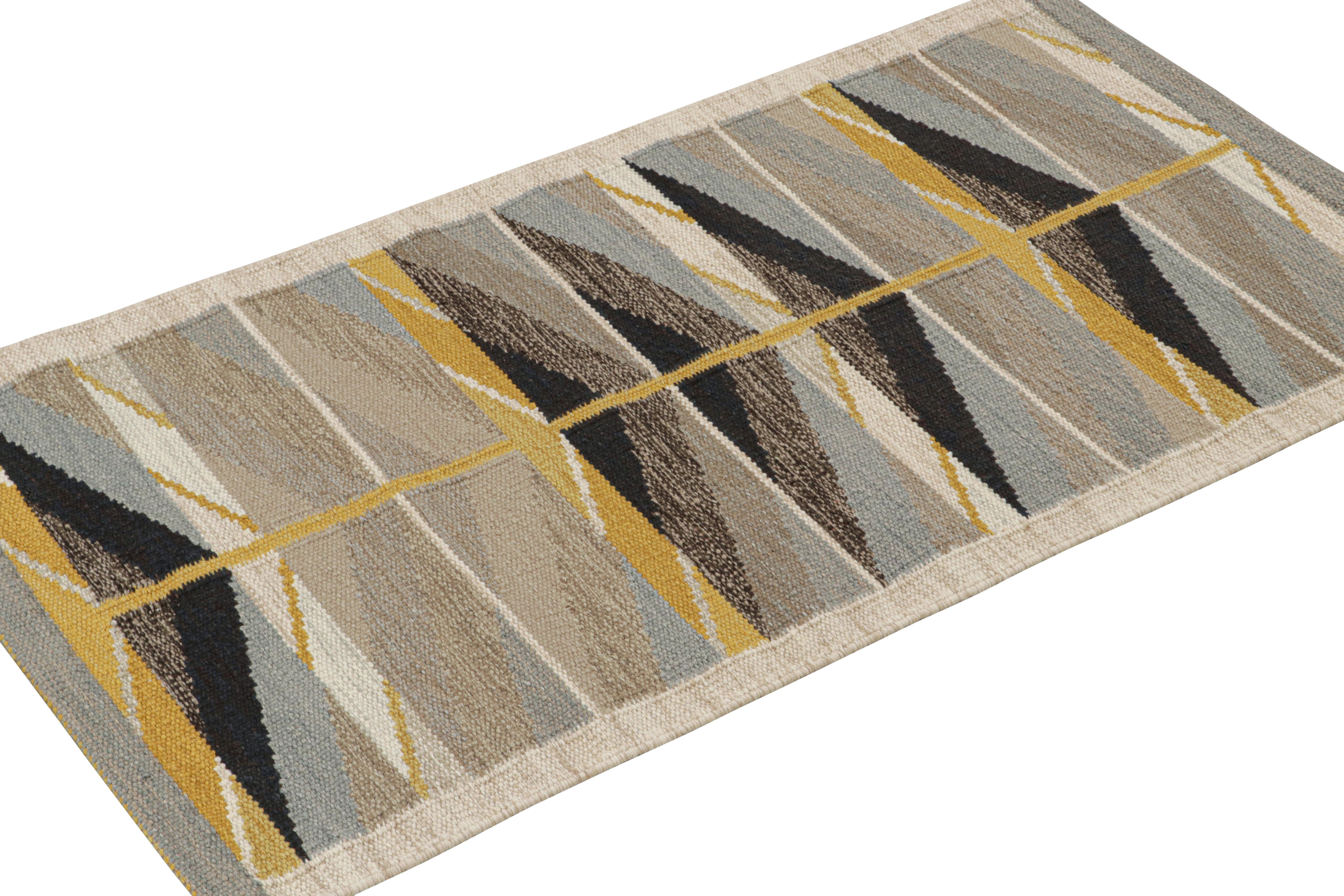Modern Rug & Kilim’s Scandinavian Style Kilim Runner in Taupe with Geometric Patterns For Sale