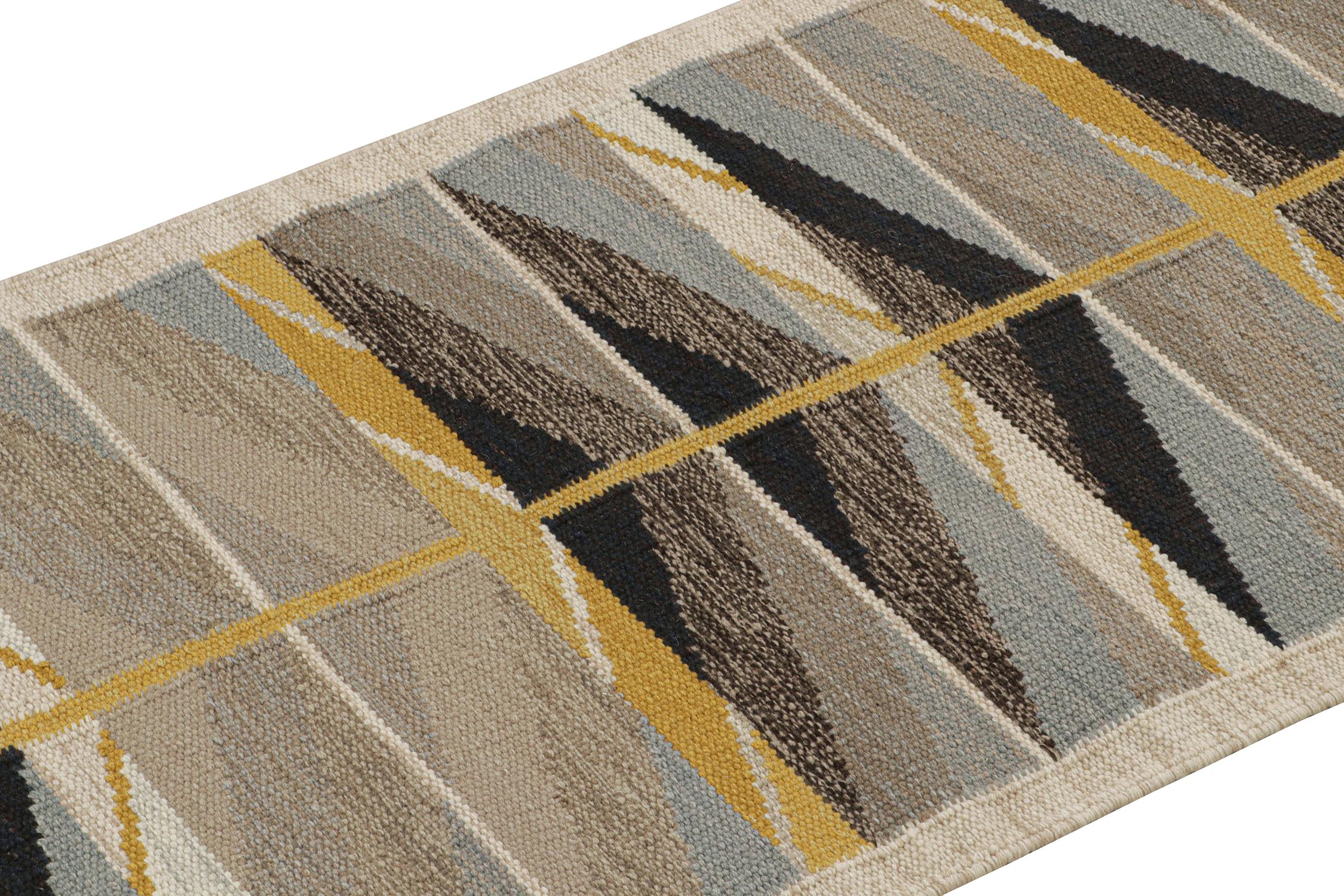 Indian Rug & Kilim’s Scandinavian Style Kilim Runner in Taupe with Geometric Patterns For Sale