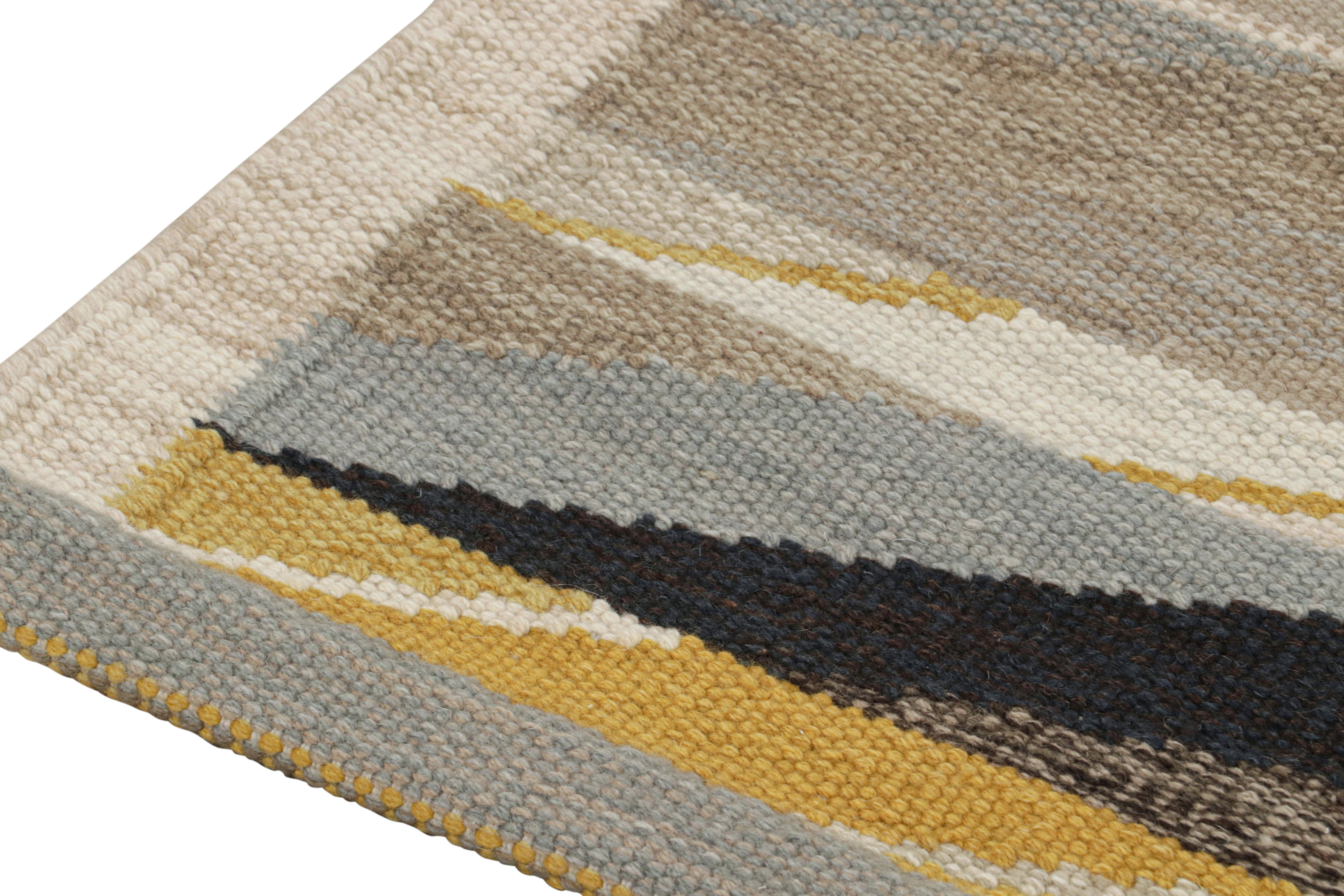 Hand-Knotted Rug & Kilim’s Scandinavian Style Kilim Runner in Taupe with Geometric Patterns For Sale