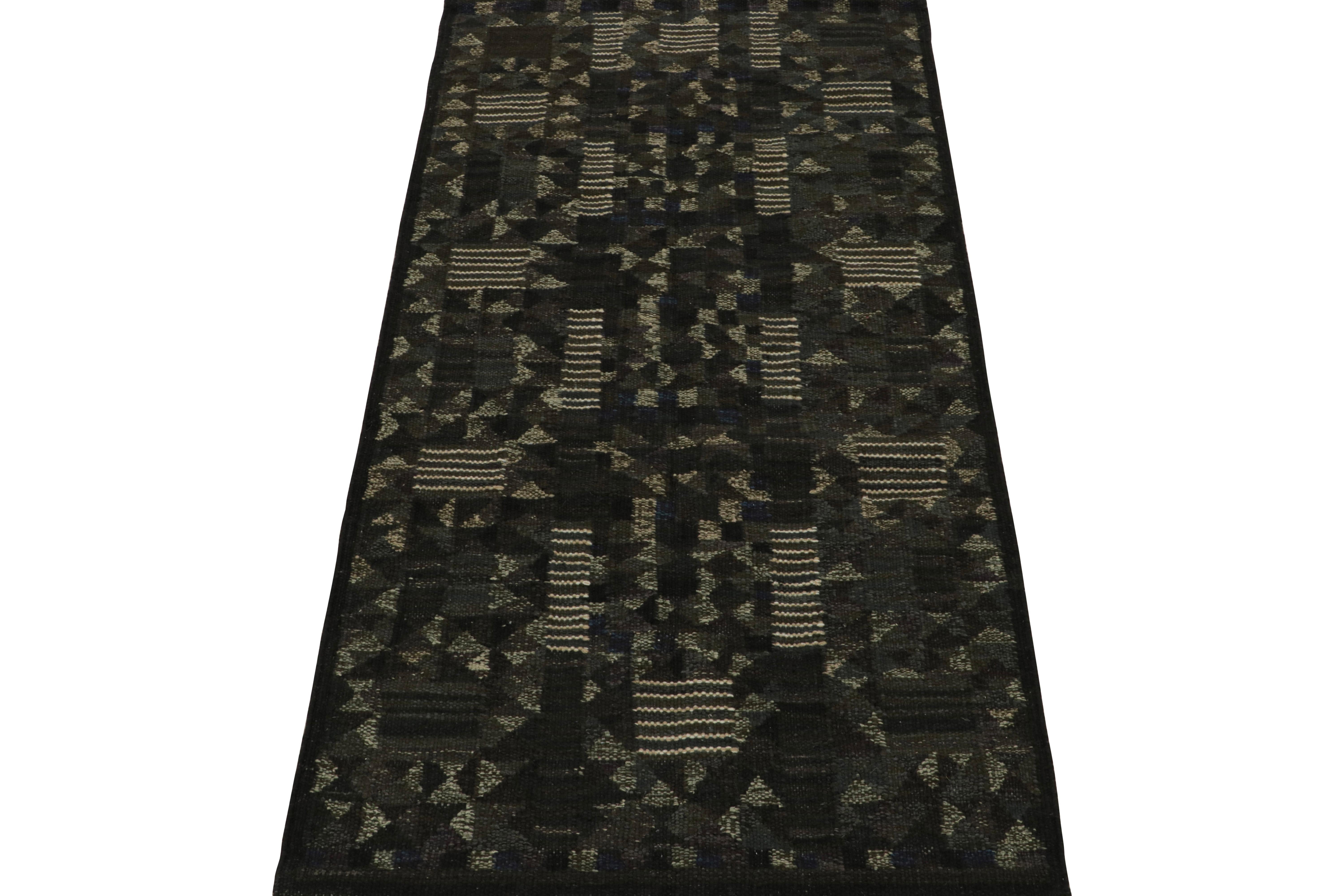 Modern Rug & Kilim’s Scandinavian Style Kilim Runner Rug in Brown Geometric Patterns For Sale