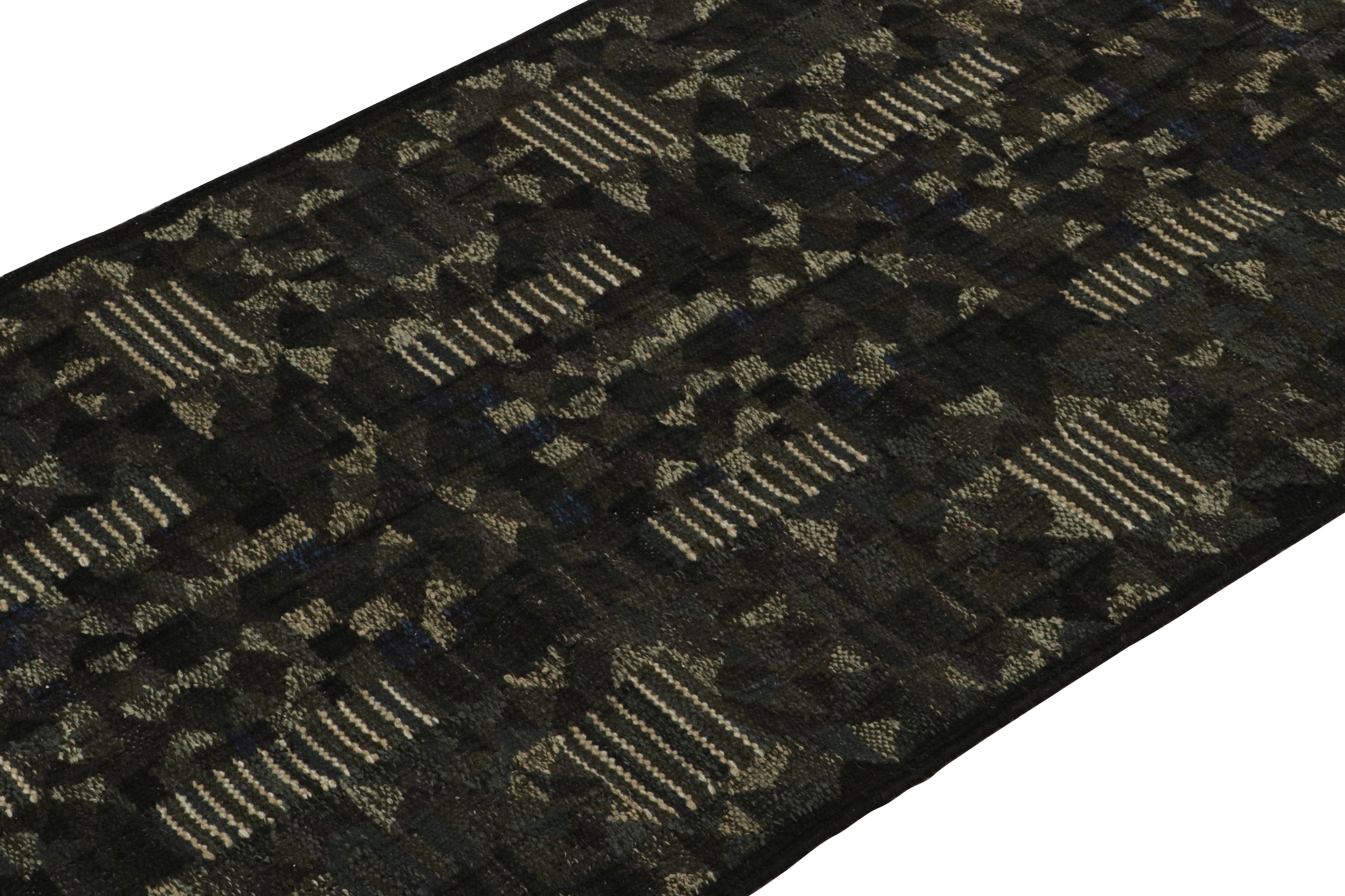 Indian Rug & Kilim’s Scandinavian Style Kilim Runner Rug in Brown Geometric Patterns For Sale