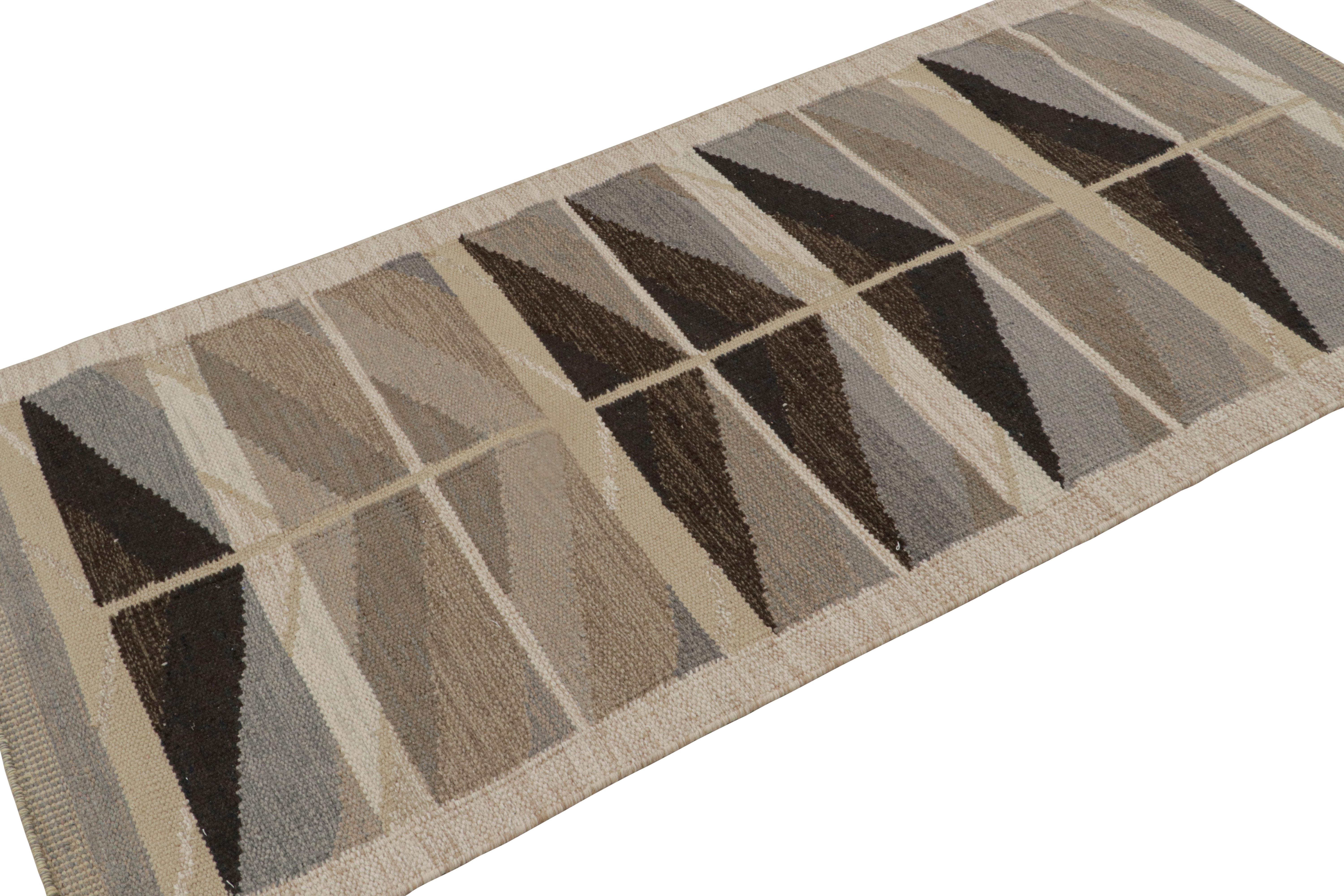 This 3x7 Swedish style kilim runner is from the award-winning Scandinavian rug collection by Rug & Kilim. Handwoven in wool, this flatweave is inspired by Swedish Deco Rollakan and Rya rugs.

On the Design: 

The beige-brown tones underscore a row