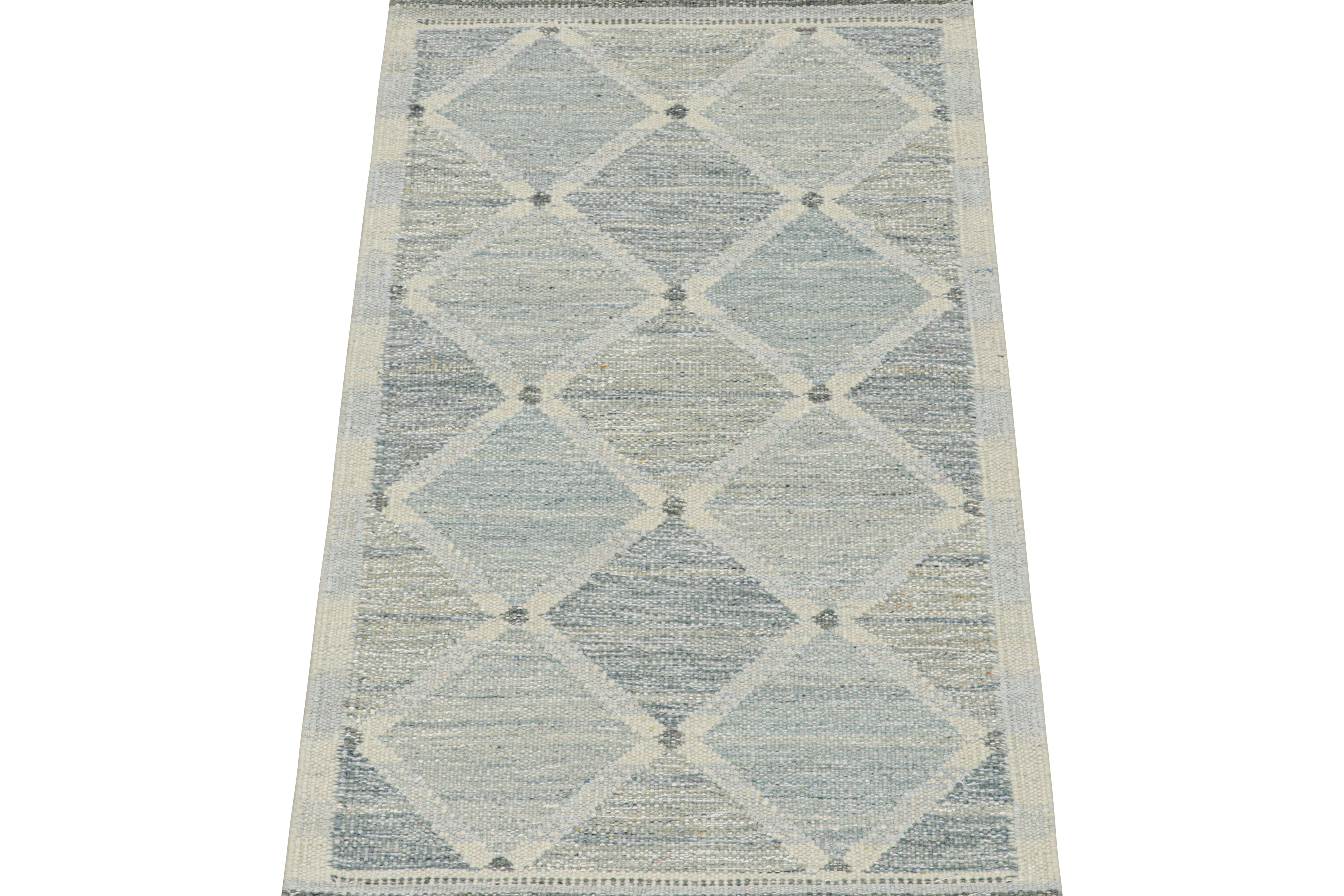 This 3x6 flat weave runner is a bold new addition to the Scandinavian Collection by Rug & Kilim. Handwoven in wool and natural yarns, its design reflects a contemporary take on mid-century Rollakans and Swedish Deco style.

On the Design:

This