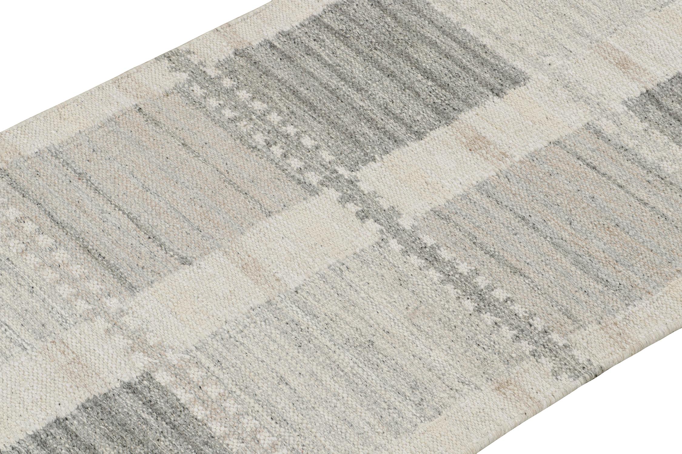 Indian Rug & Kilim’s Scandinavian Style Kilim runner with Patterns in White & Grey For Sale