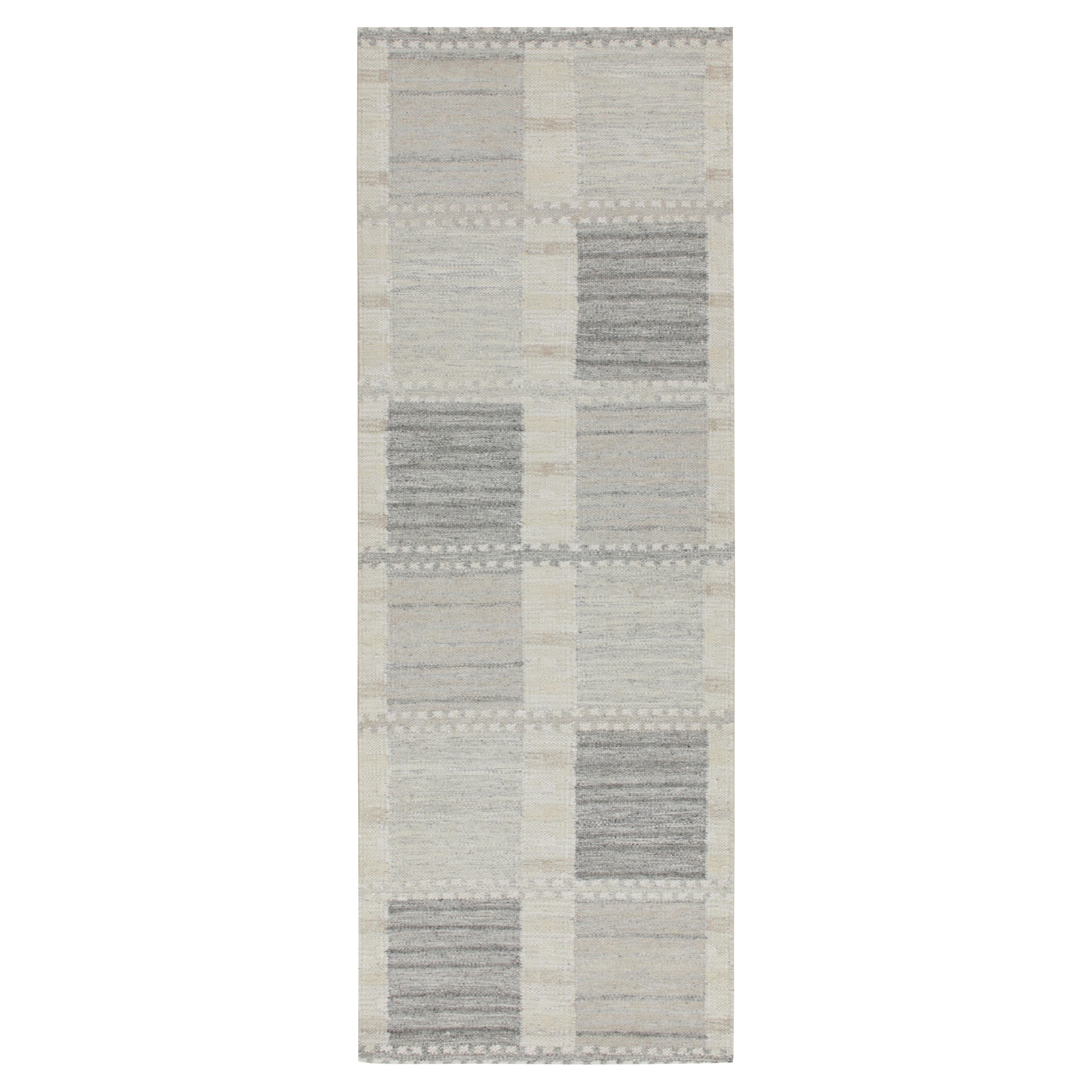 Rug & Kilim’s Scandinavian Style Kilim runner with Patterns in White & Grey For Sale