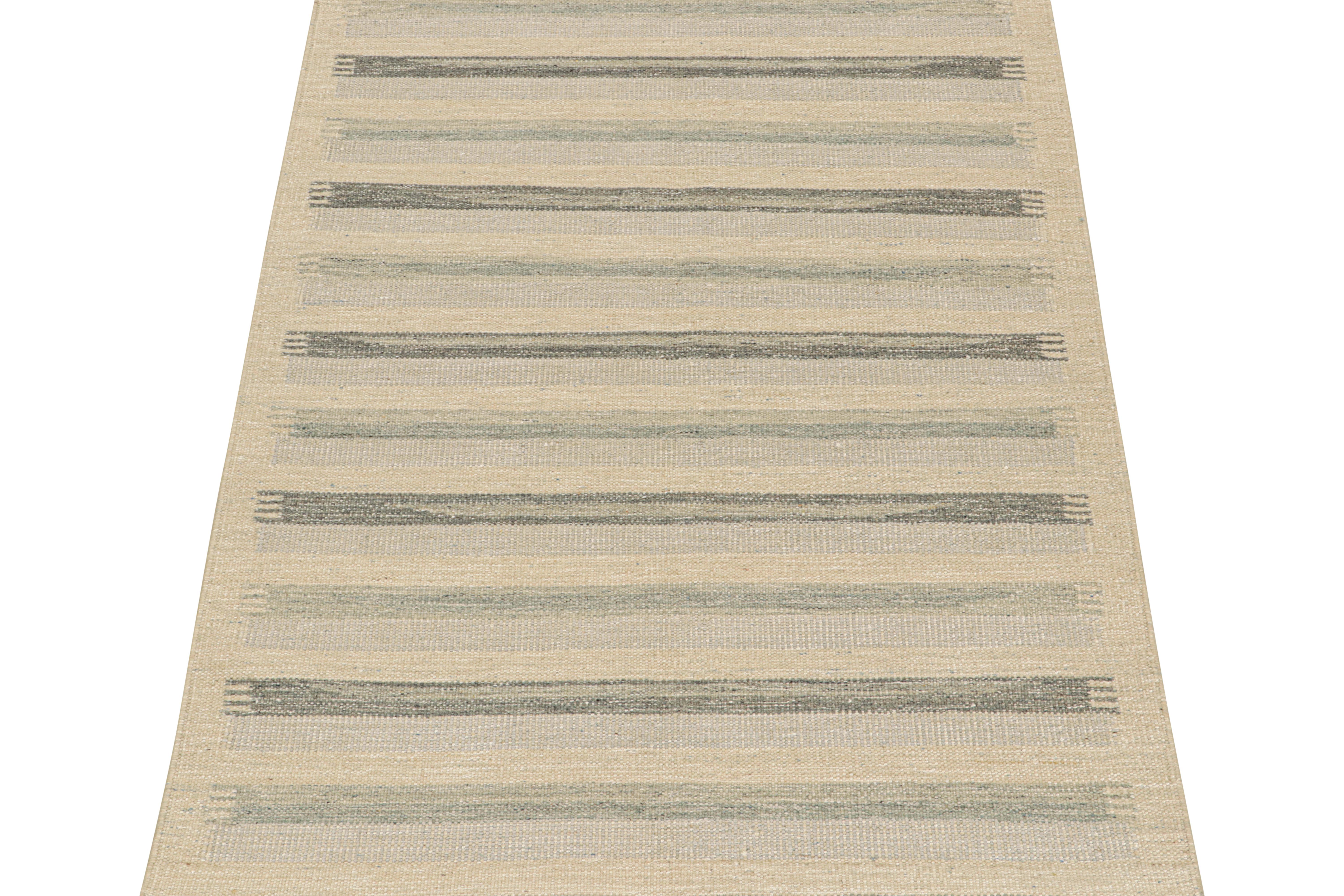 This 5 x 7 flat weave rug is a bold new addition to the Scandinavian Collection by Rug & Kilim. Handwoven in wool and natural yarns, its design reflects a contemporary take on midcentury Rollakans and Swedish 
Deco style.

On the design:

This