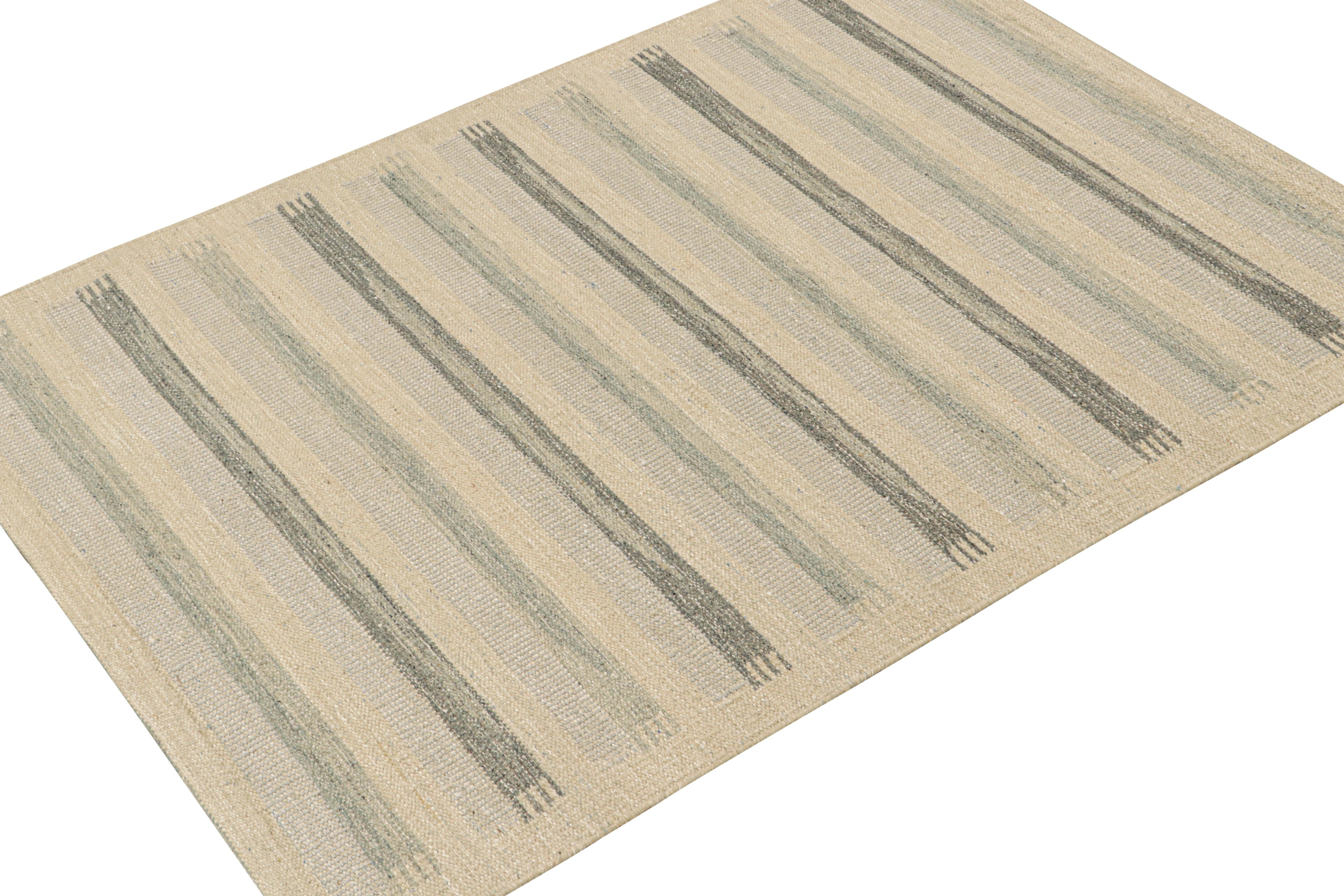 Modern Rug & Kilim’s Scandinavian Style Kilim with Beige and Blue Stripes For Sale