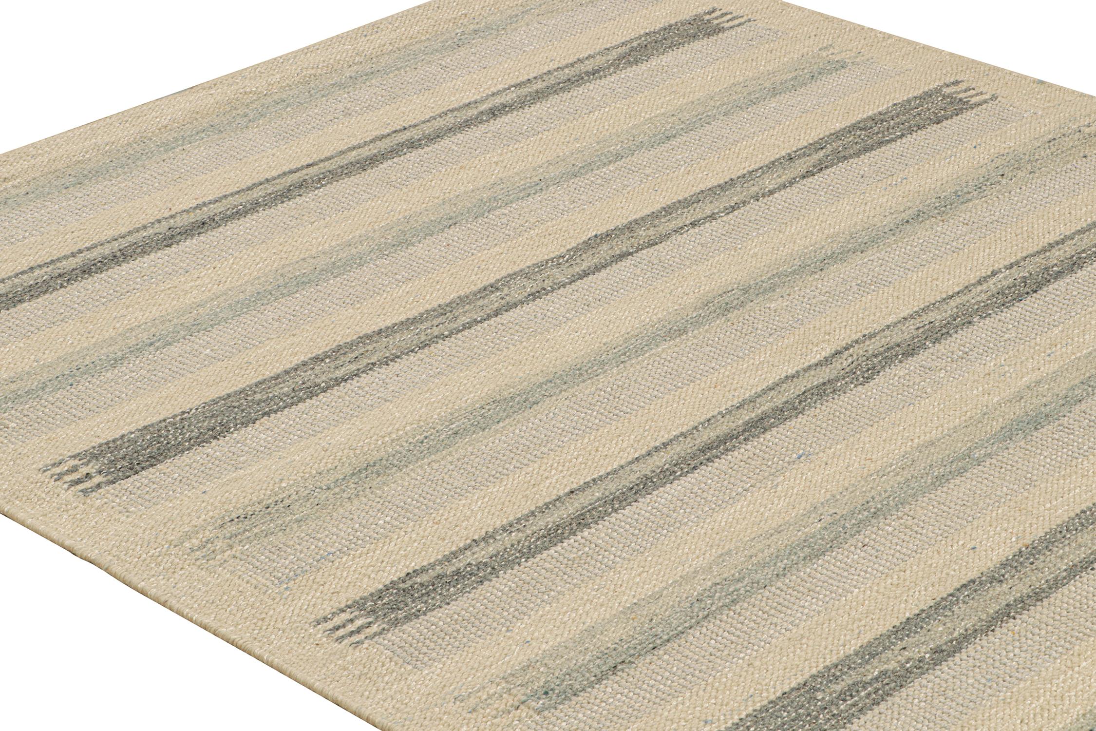 Indian Rug & Kilim’s Scandinavian Style Kilim with Beige and Blue Stripes For Sale