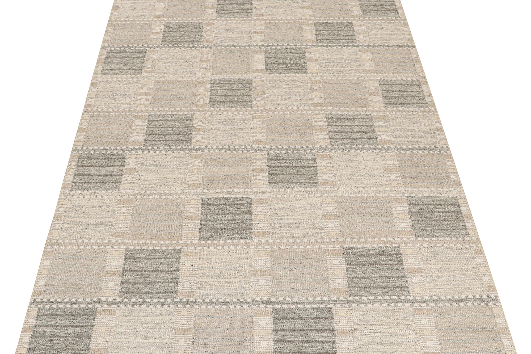 This 9x12 flat weave is a new addition to the Scandinavian Kilim collection by Rug & Kilim. Handwoven in wool and natural yarns, its design reflects a contemporary take on mid-century Rollakans and Swedish Deco style.

On the Design:

This new