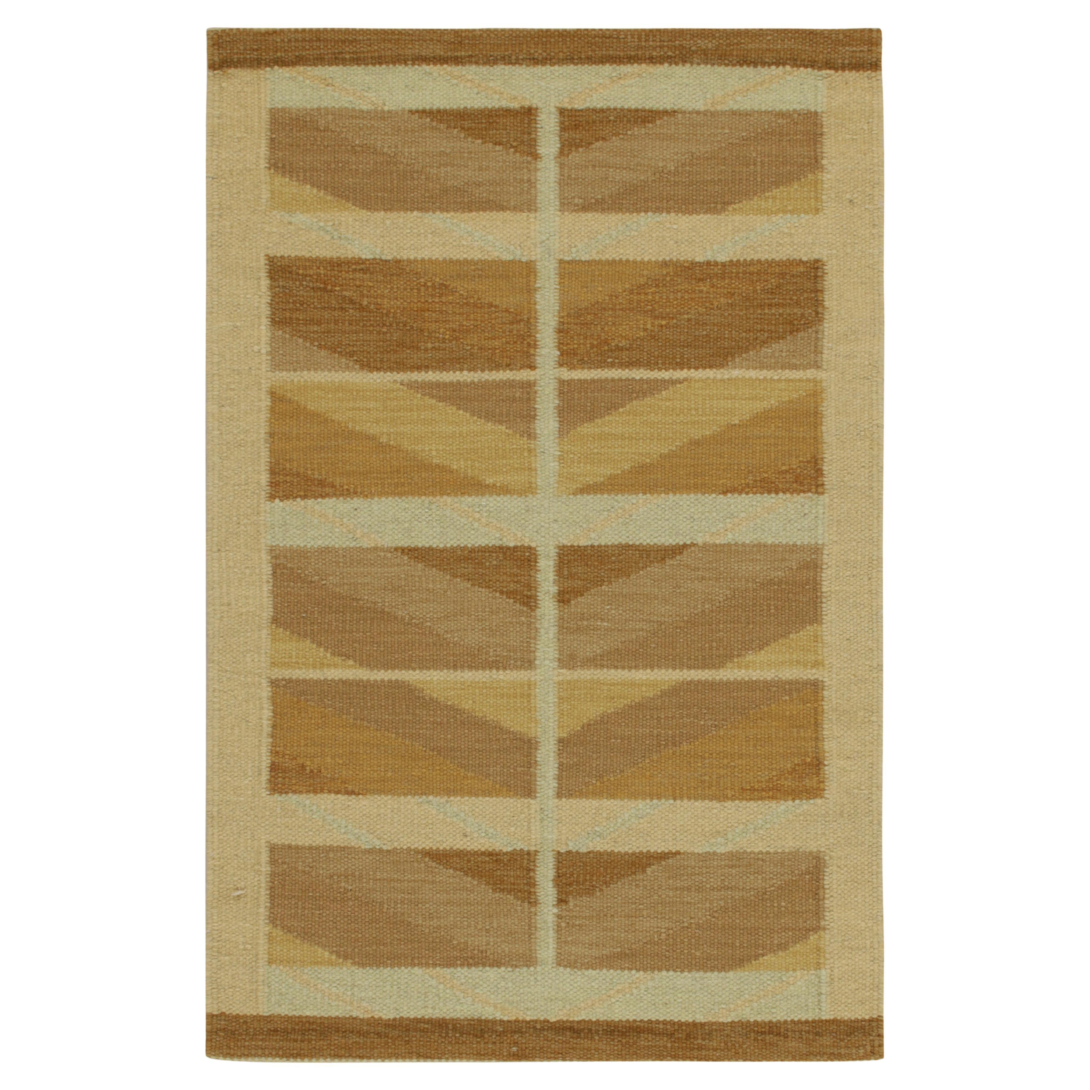 Rug & Kilim’s Scandinavian Style Kilim with Beige-Brown & Gold Geometric Pattern For Sale
