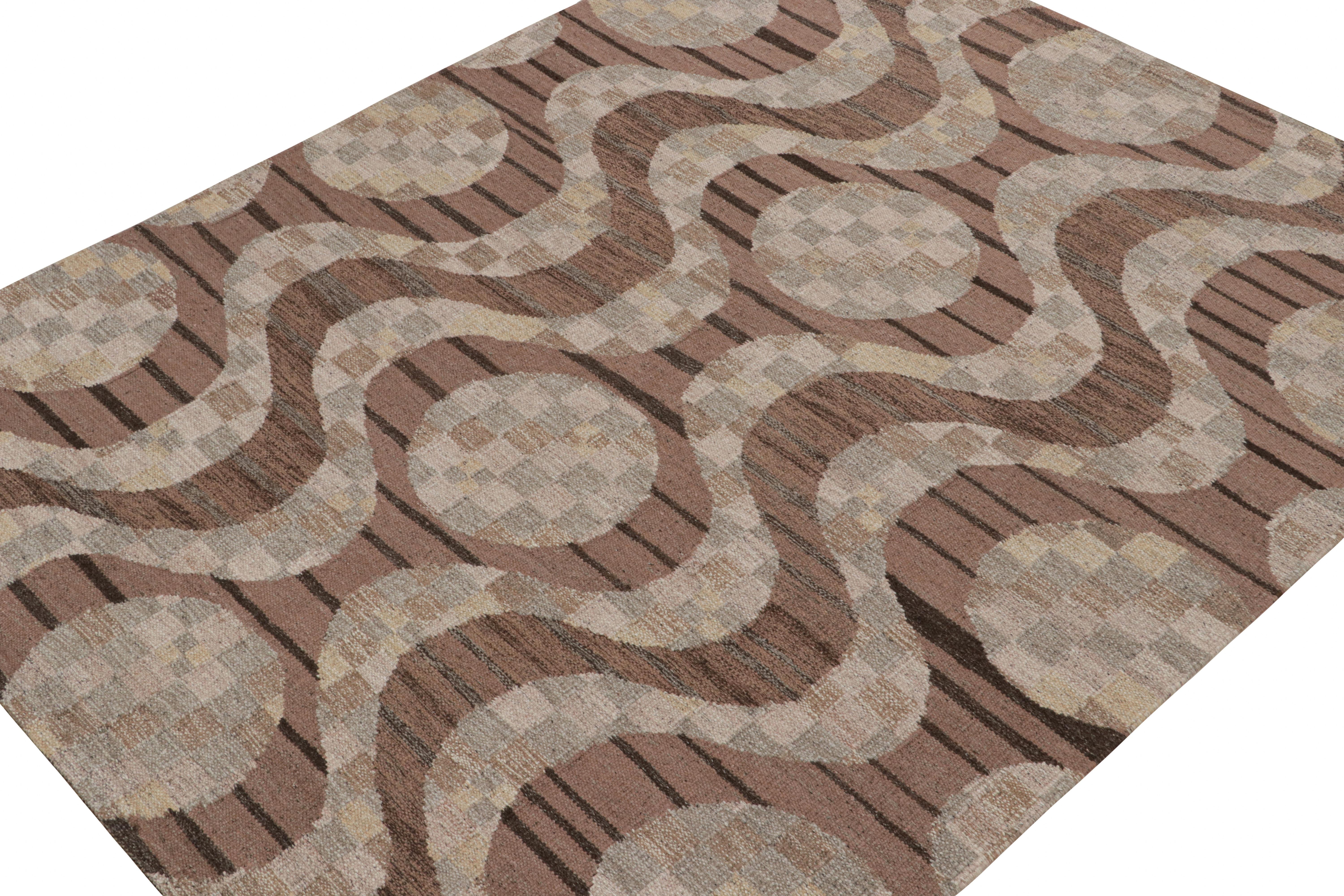 A smart 8x10 Swedish style kilim from our award-winning Scandinavian flat weave collection. Handwoven in wool & undyed natural yarns

On the Design: 

This rug enjoys geometric patterns in beige-brown & gray. Connoisseurs will admire the