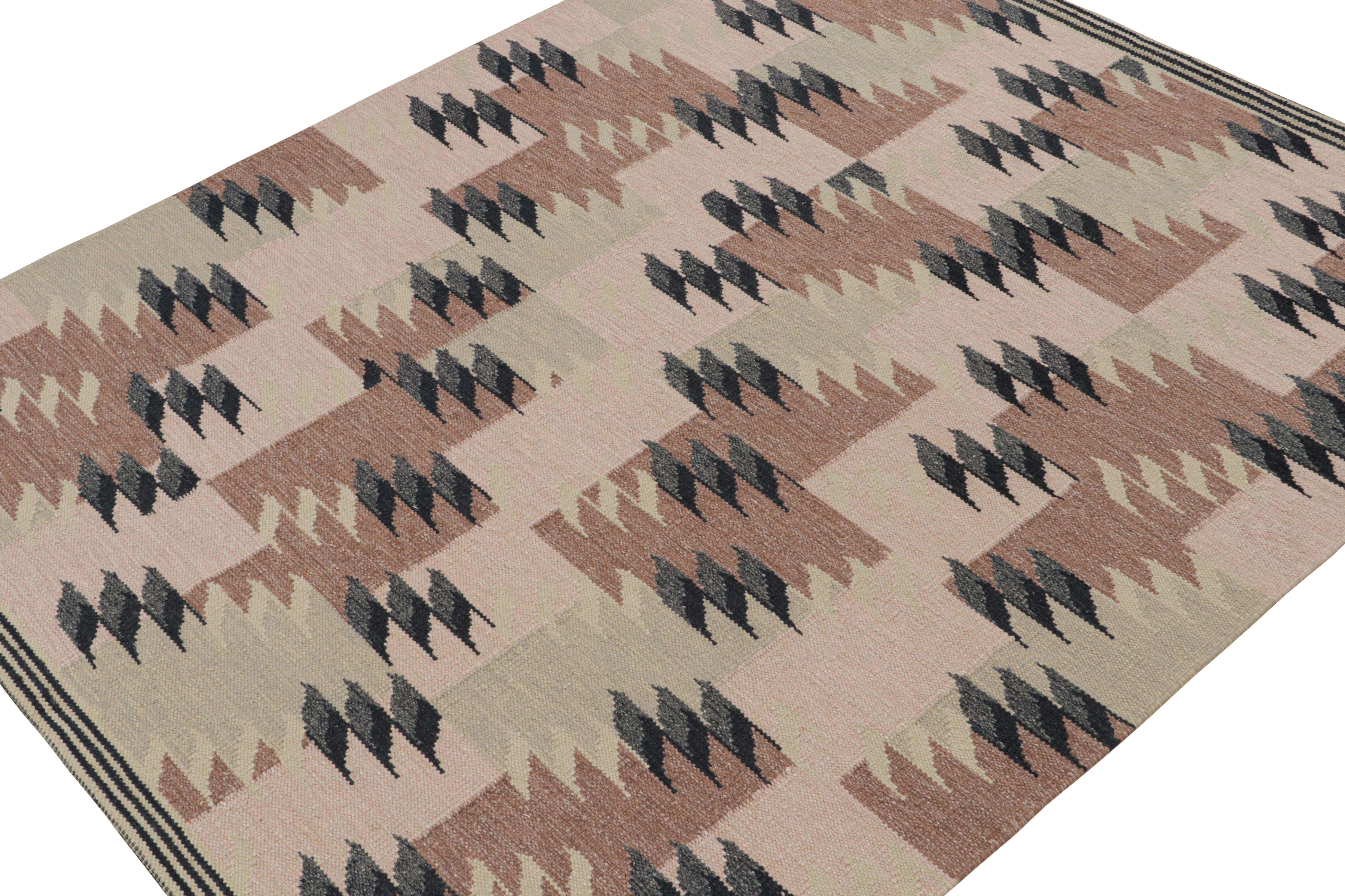This 8×10 Kilim is a bold new addition to the Scandinavian Collection by Rug & Kilim. Handwoven in wool, cotton and natural yarns, its design reflects a contemporary take on mid-century Rollakans and Swedish Deco style.

On the Design:

This new