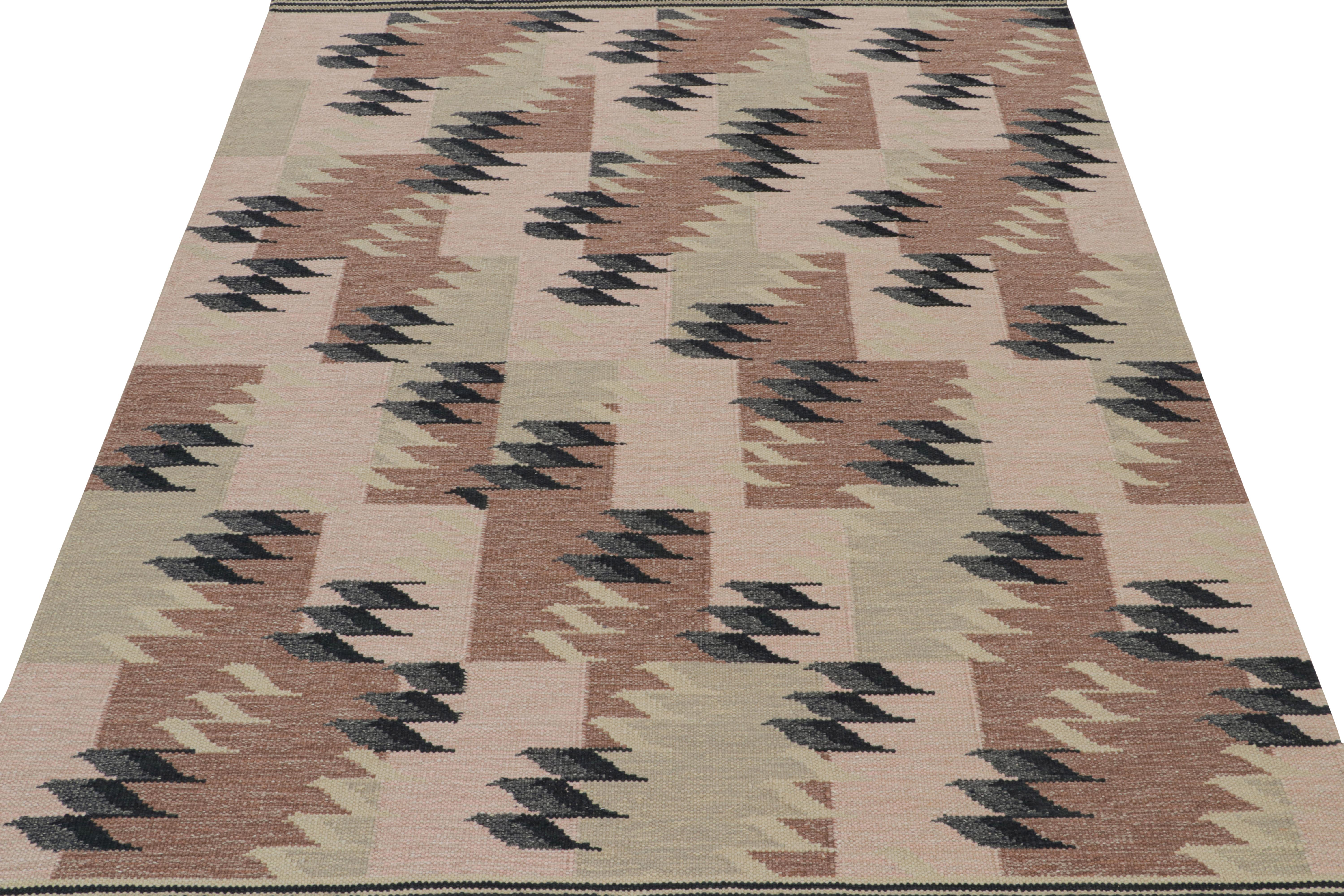 Modern Rug & Kilim’s Scandinavian Style Kilim with Beige-Brown & Green Patterns For Sale
