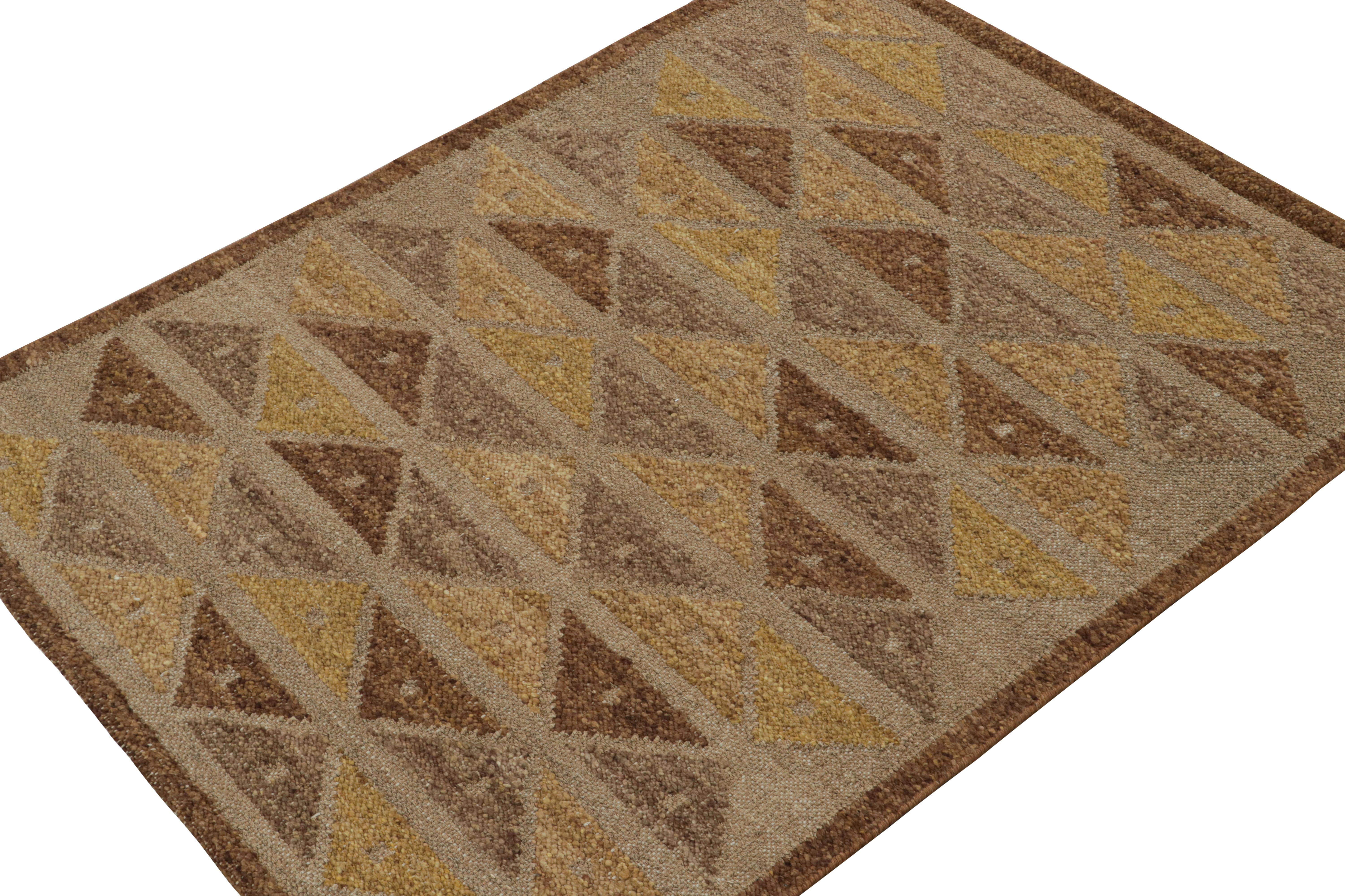 Hand-Knotted Rug & Kilim’s Scandinavian Style Kilim with Brown & Gold Geometric Patterns For Sale