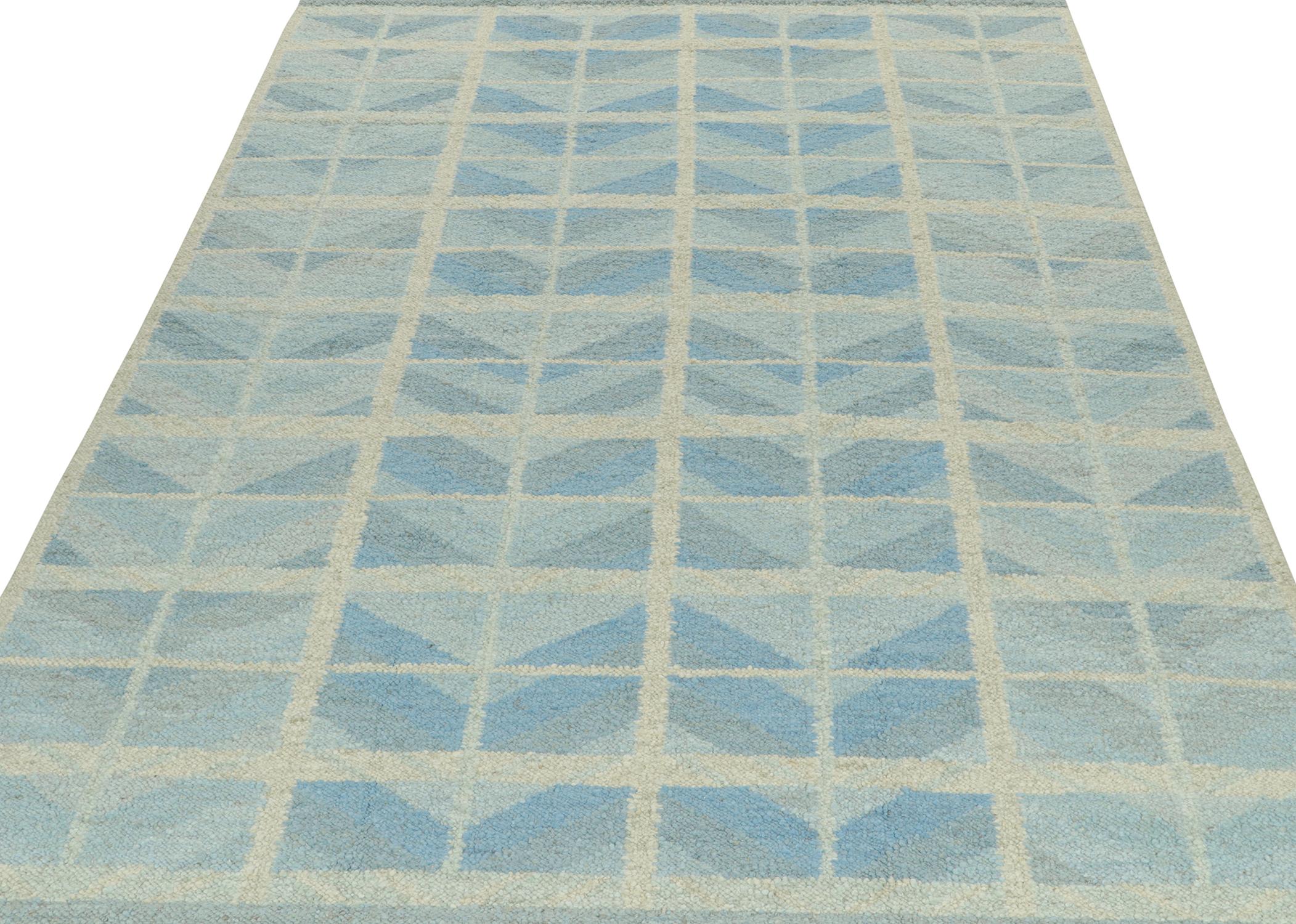 Scandinavian Modern Rug & Kilim’s Scandinavian Style Kilim with Geometric Patterns in Blue & Grey For Sale