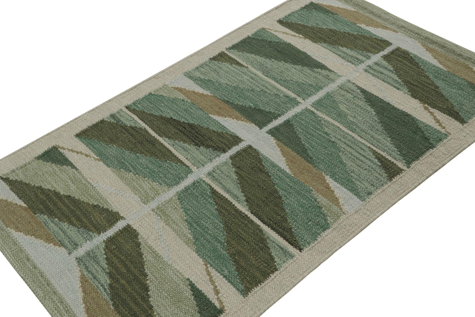 A smart 3x5 Swedish style kilim from our award-winning Scandinavian flat weave collection. Handwoven in wool, cotton & undyed natural yarns.

On the Design: 

This scatter rug enjoys geometric patterns in tones of green & white. Keen eyes will