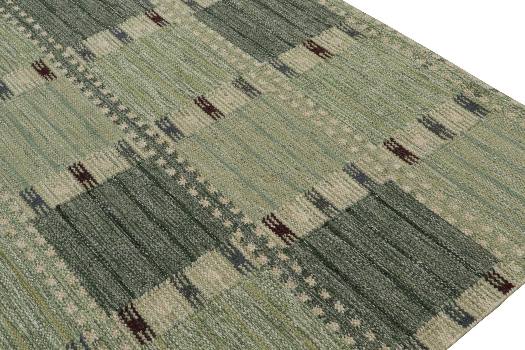 Modern Rug & Kilim’s Scandinavian Style Kilim with Geometric Patterns in Tones of Green For Sale