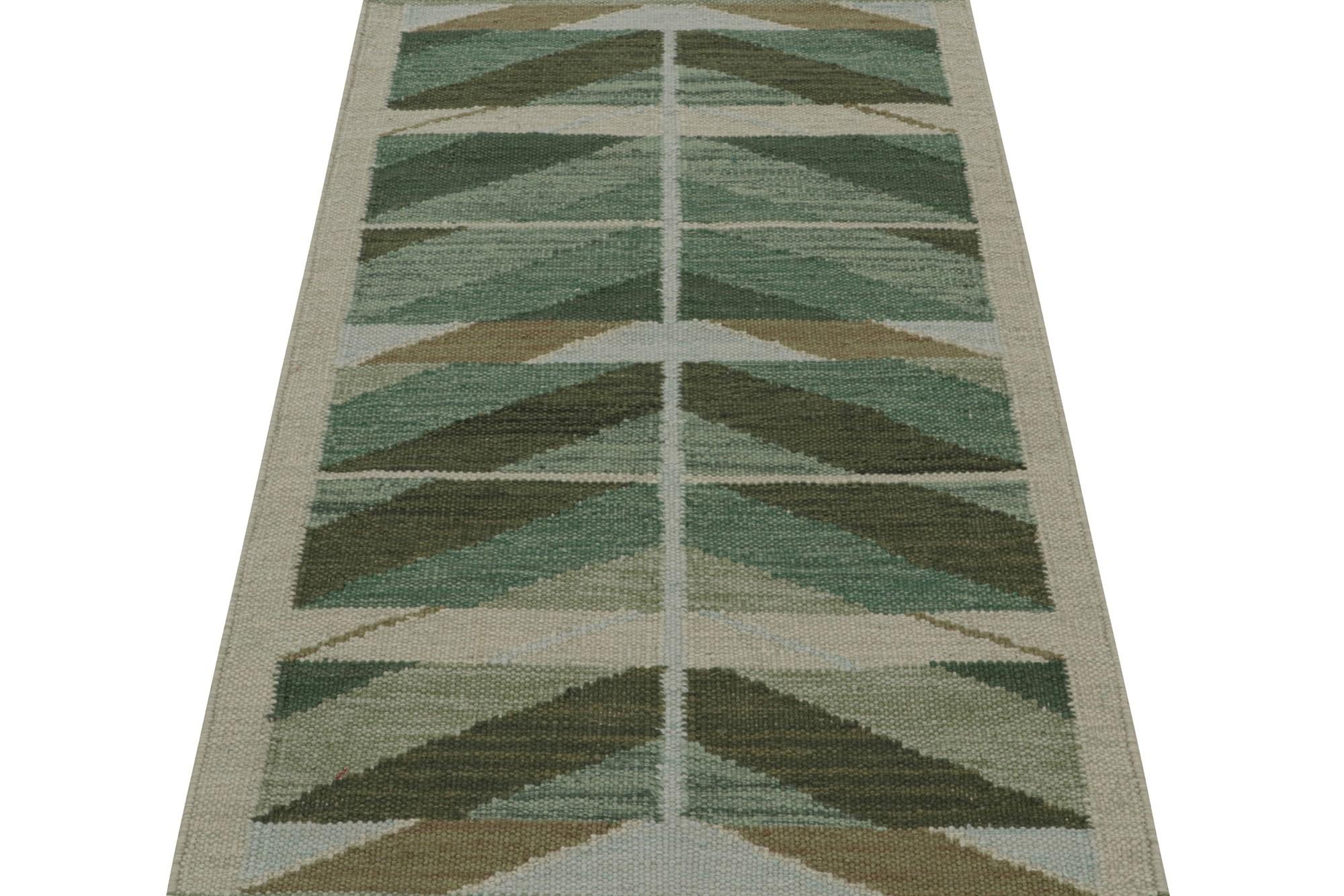 Modern Rug & Kilim’s Scandinavian Style Kilim with Geometric Patterns in Tones of Green For Sale