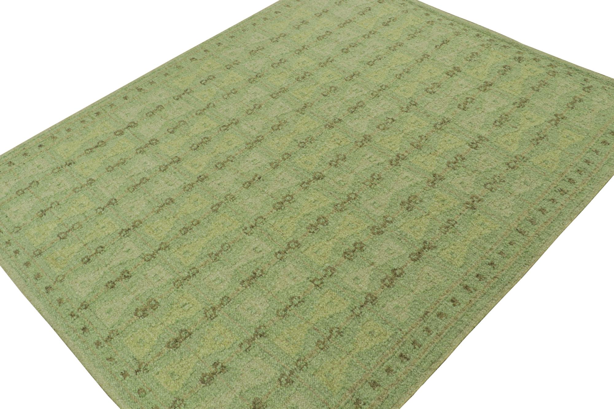 Indian Rug & Kilim’s Scandinavian Style Kilim with Geometric Patterns in Tones of Green For Sale