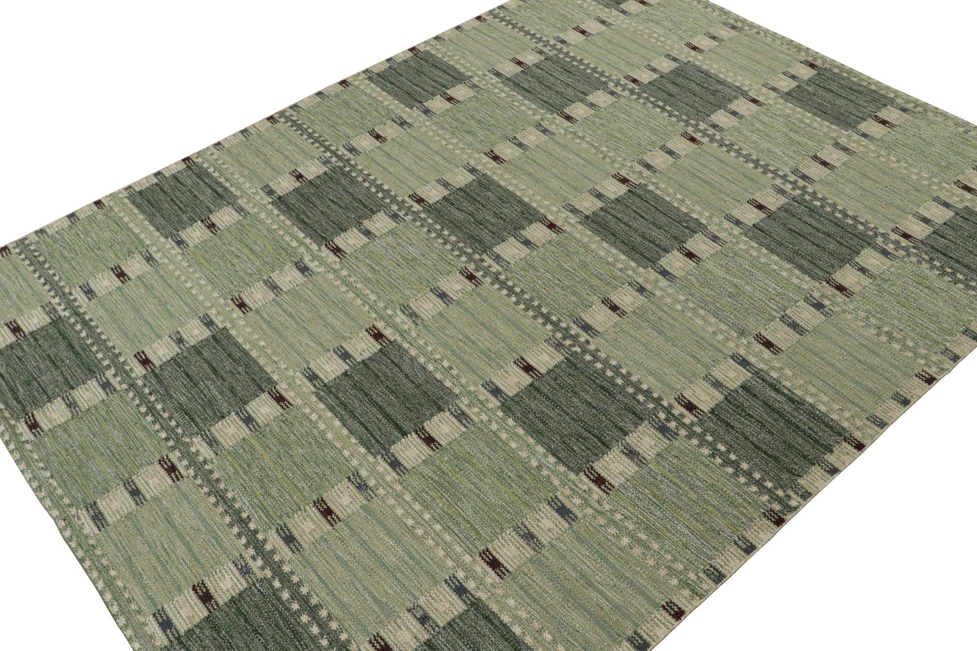 Indian Rug & Kilim’s Scandinavian Style Kilim with Geometric Patterns in Tones of Green For Sale