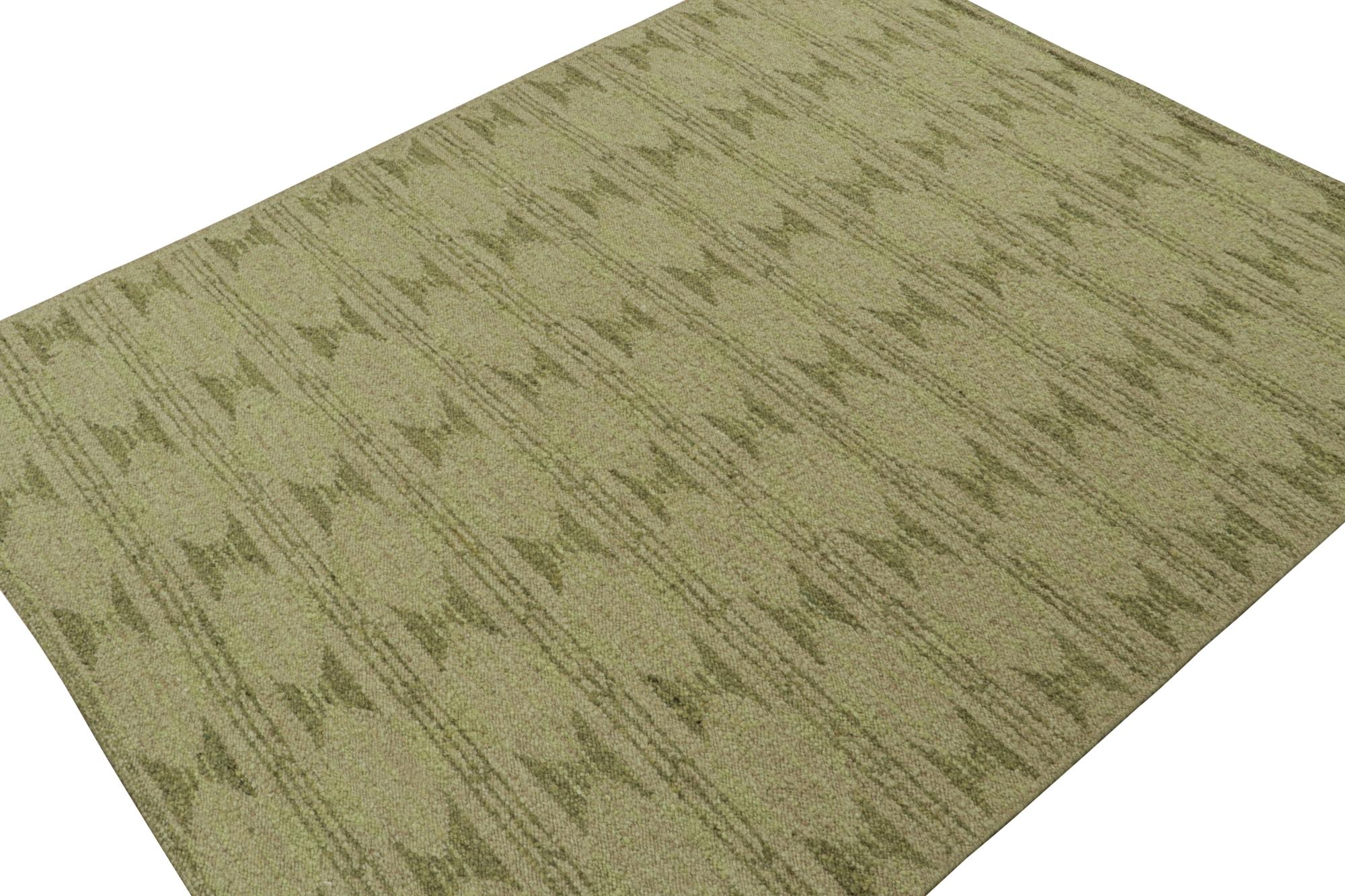 Indian Rug & Kilim’s Scandinavian Style Kilim with Geometric Patterns in Tones of Green For Sale